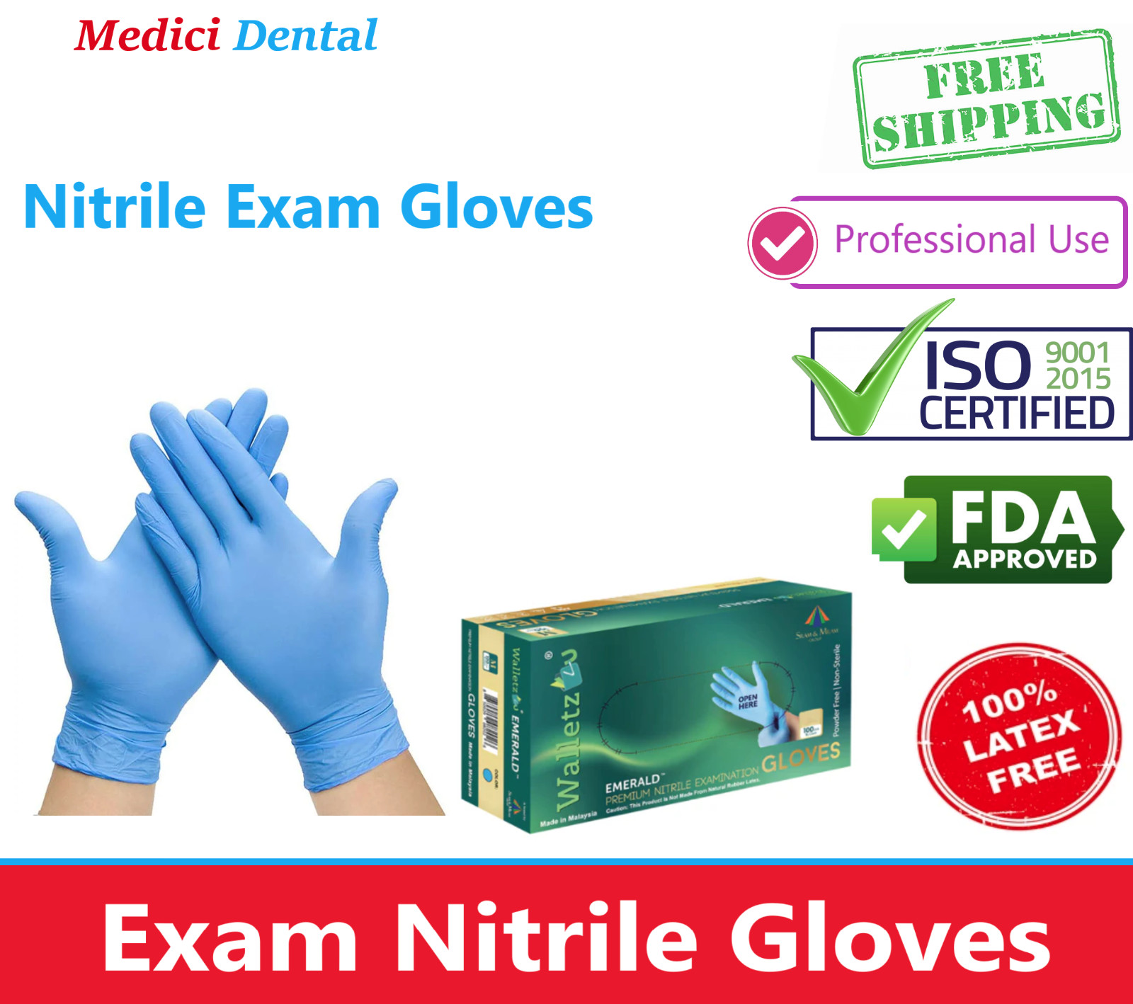 Medical Dental Exam Blue Nitrile Gloves, 3mil Small, FDA Approve, 1000/Cs Emeral