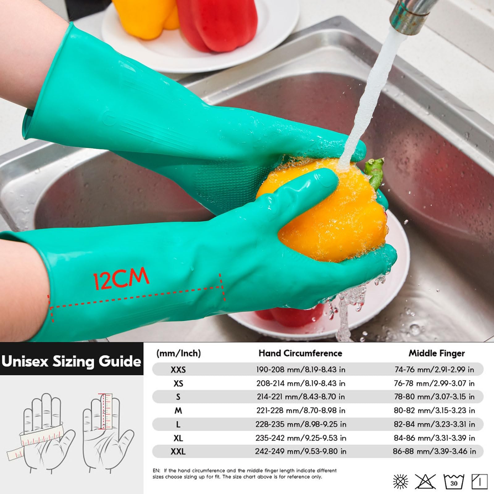 Reusable Rubber Dishwashing Gloves, Extra Thick, Long Sleeve, Size XL, Green