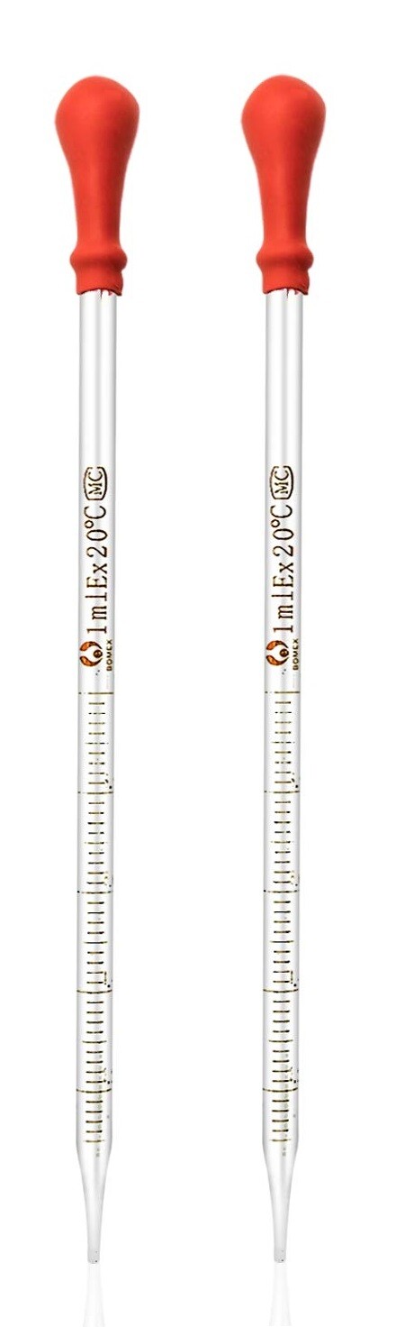 2Pk 1ml Glass Graduated Dropper Pipettes Lab Dropper with Red Rubber Cap&Scale