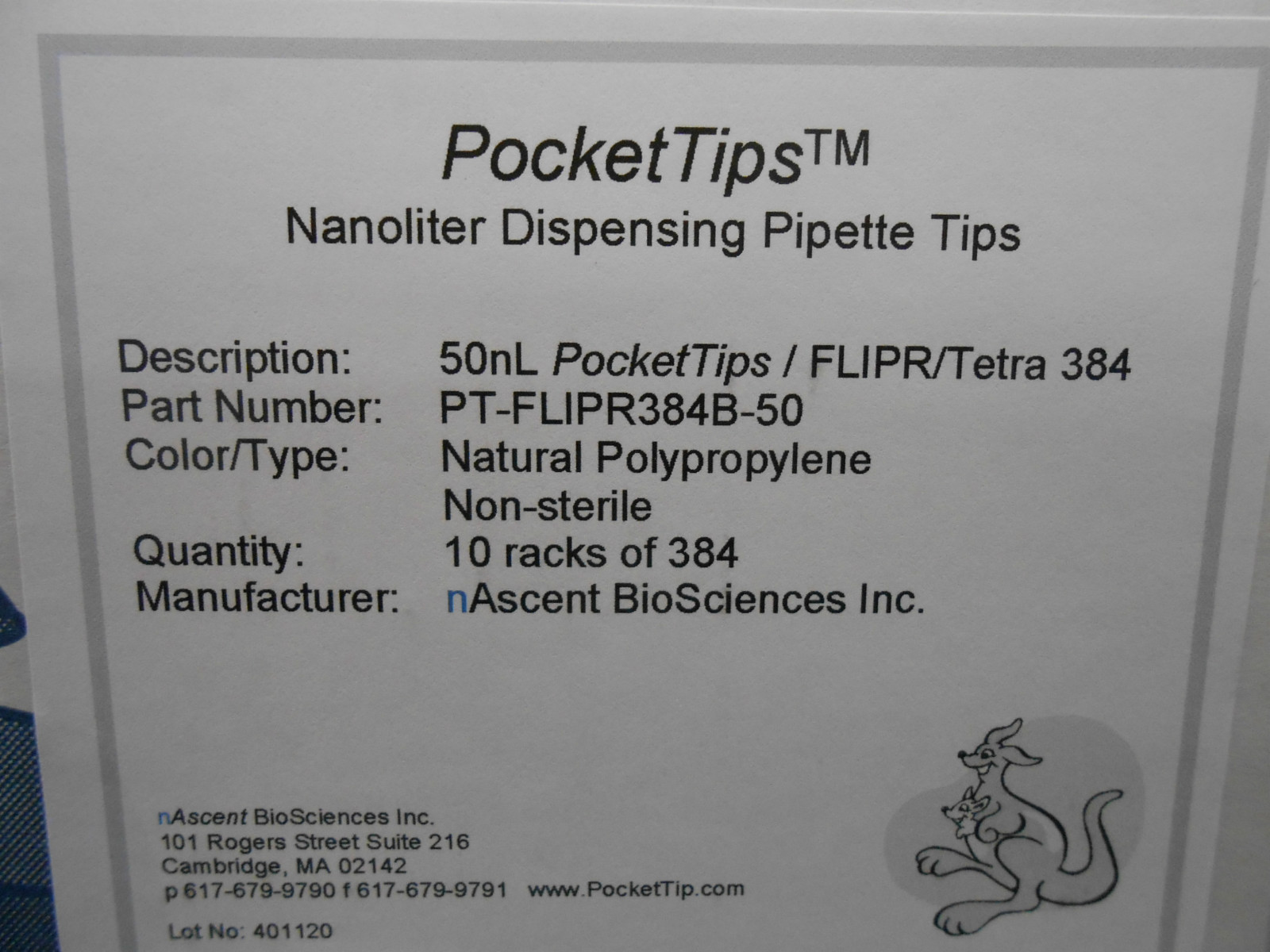 1 BOX OF 10 RACKS OF 384 EACH OF NASCENT BIOSCIENCES PT-FLIPR384B-50 POCKET TIP