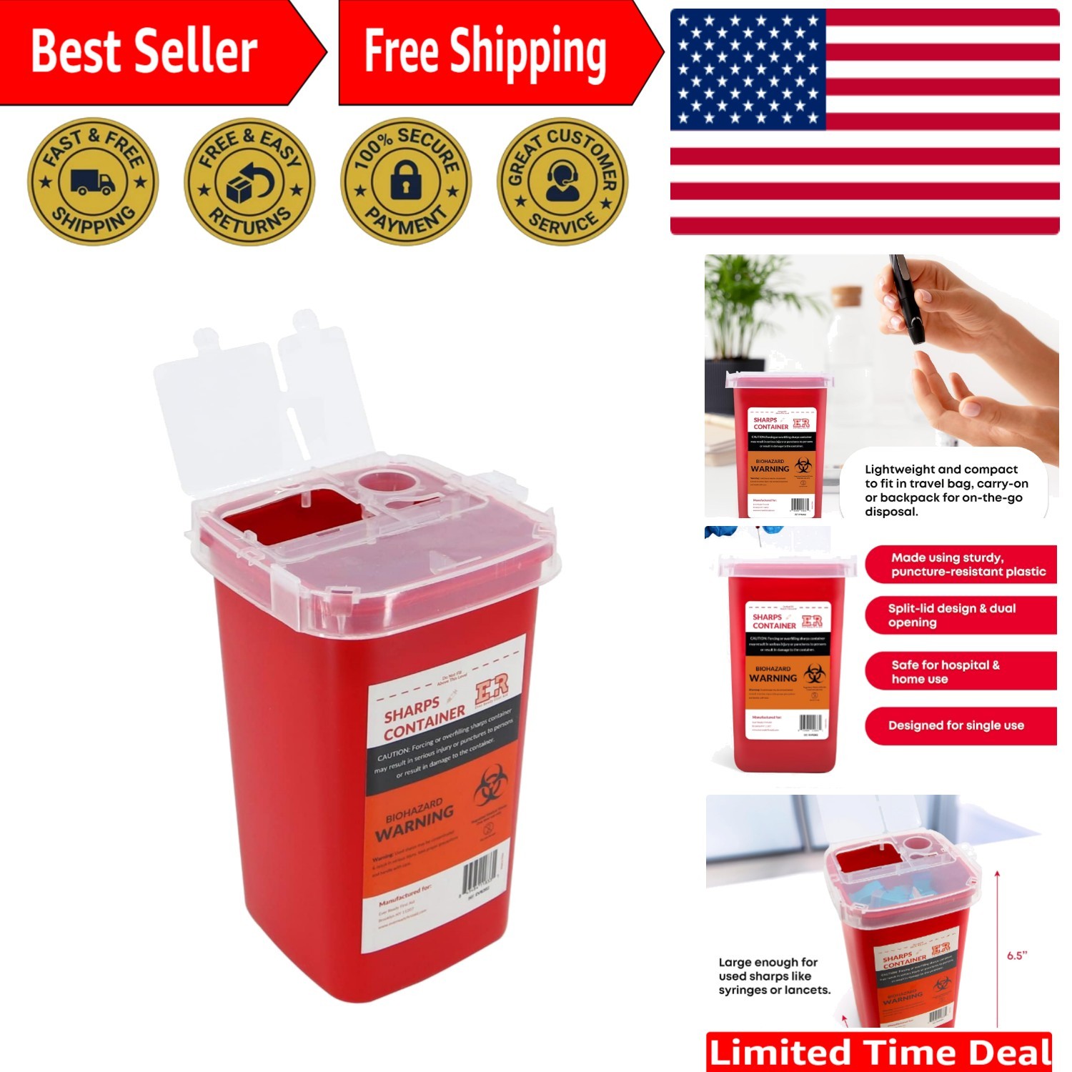 1 Quart Puncture-Resistant Sharps Container, 24 Count for Secure Waste Disposal