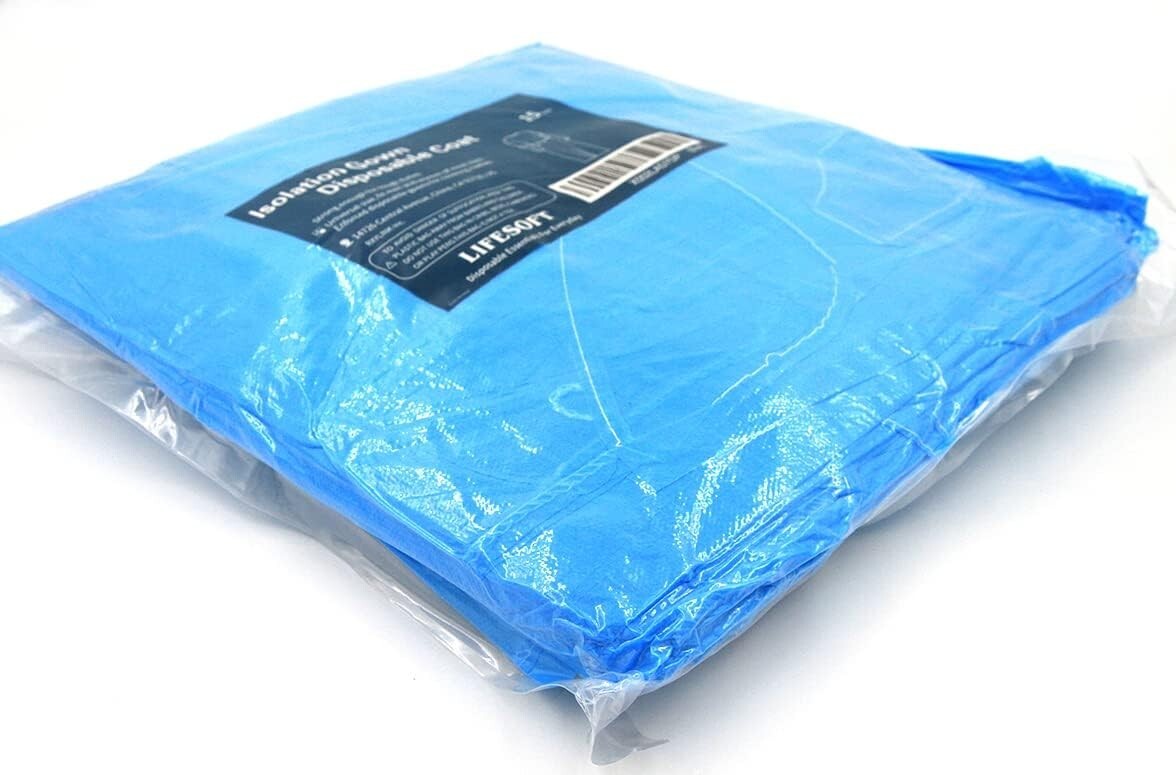 Disposable Isolation Gown Polypropylene Long Sleeve Blue Pack of 15