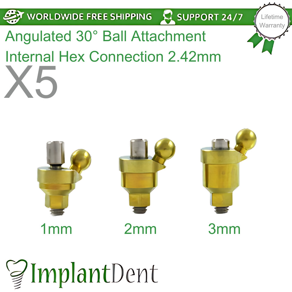 5x Angulated 30° Ball Attachment Titanium Dental Lab Int Hex Connection 2.42mm