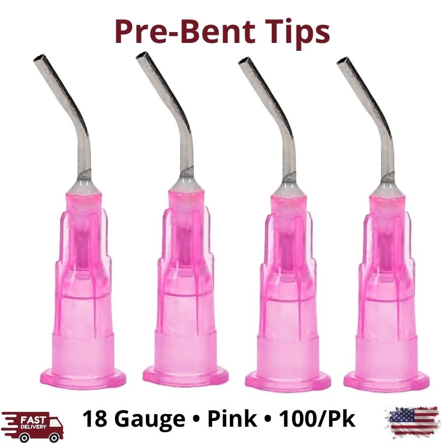 100/Pk Pink 18 Gauge Pre-Bent Blunt-End Liner Applicator Dispensing Tips Dental