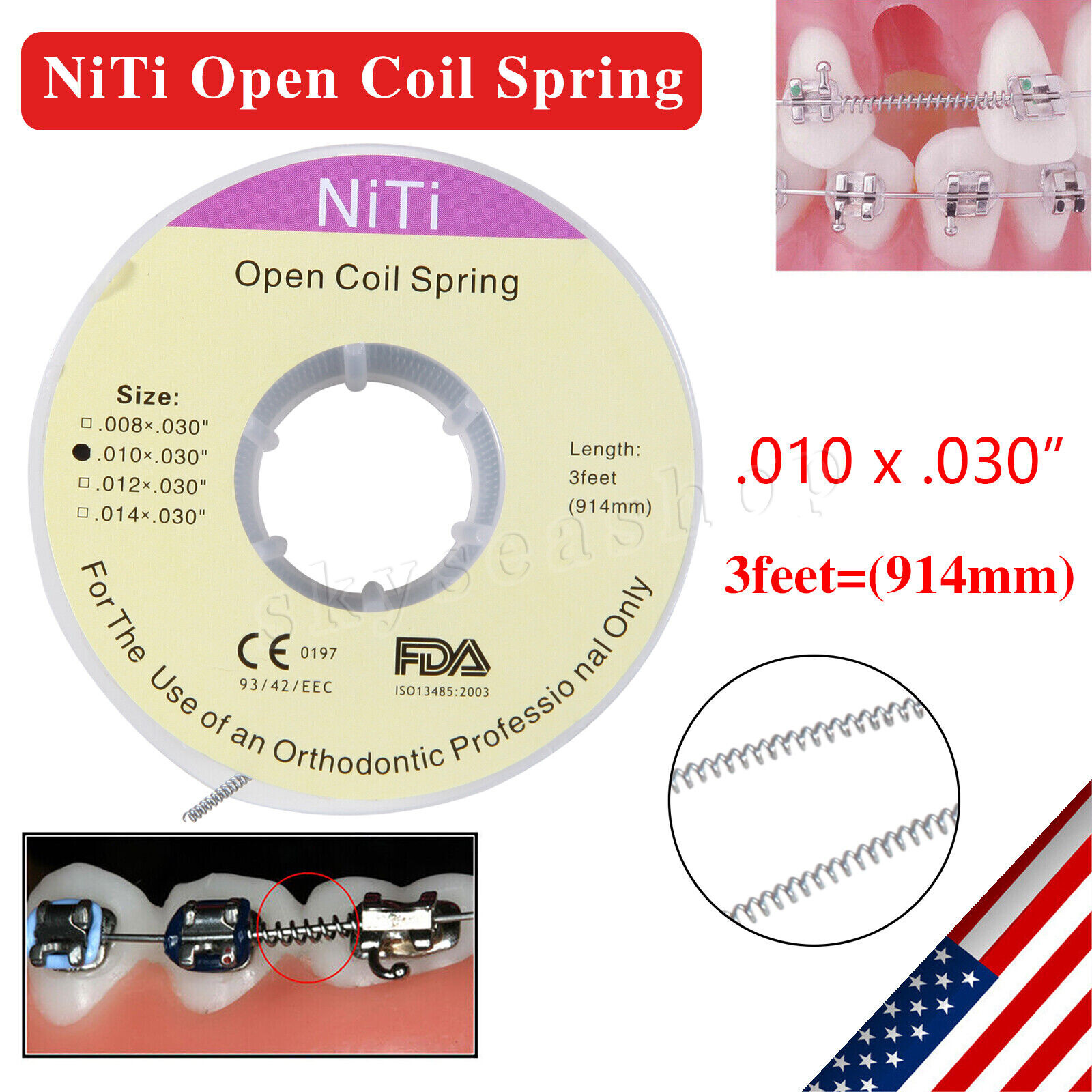 USA Dental Orthodontic Niti Open Coil Spring Spool Dia.010 *030 » inch 914mm Ab