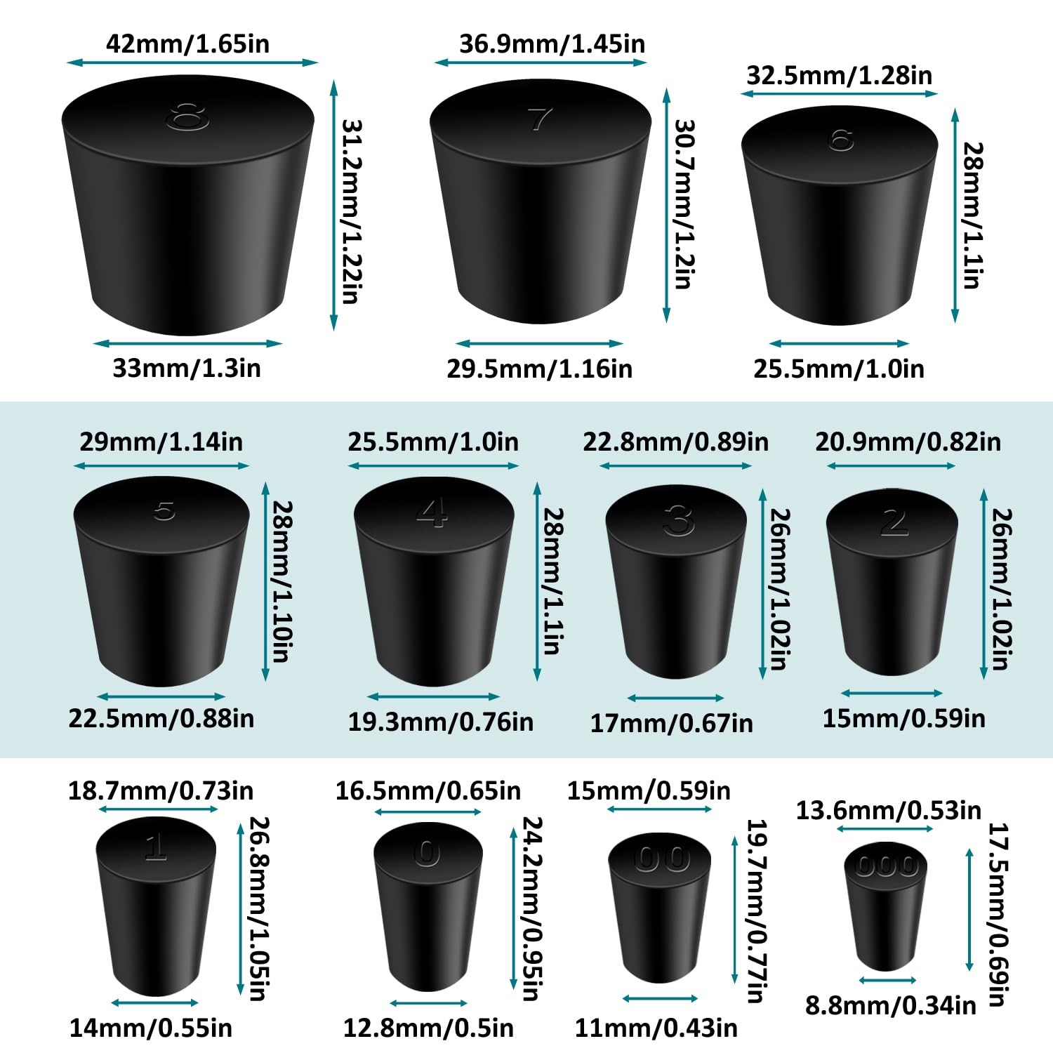 Rubber Stopper – 22 Pcs Solid Rubber Stoppers,11 Assorted Sizes 000# – 8# Tap…