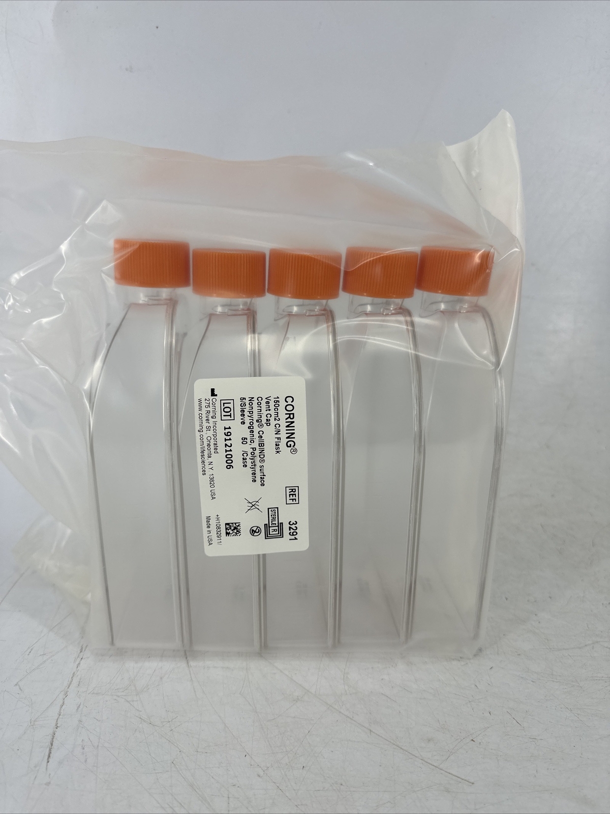 5 PACK Corning 3291 CellBIND 150cm² U-Shaped Canted Neck Cell Culture Flask NEW