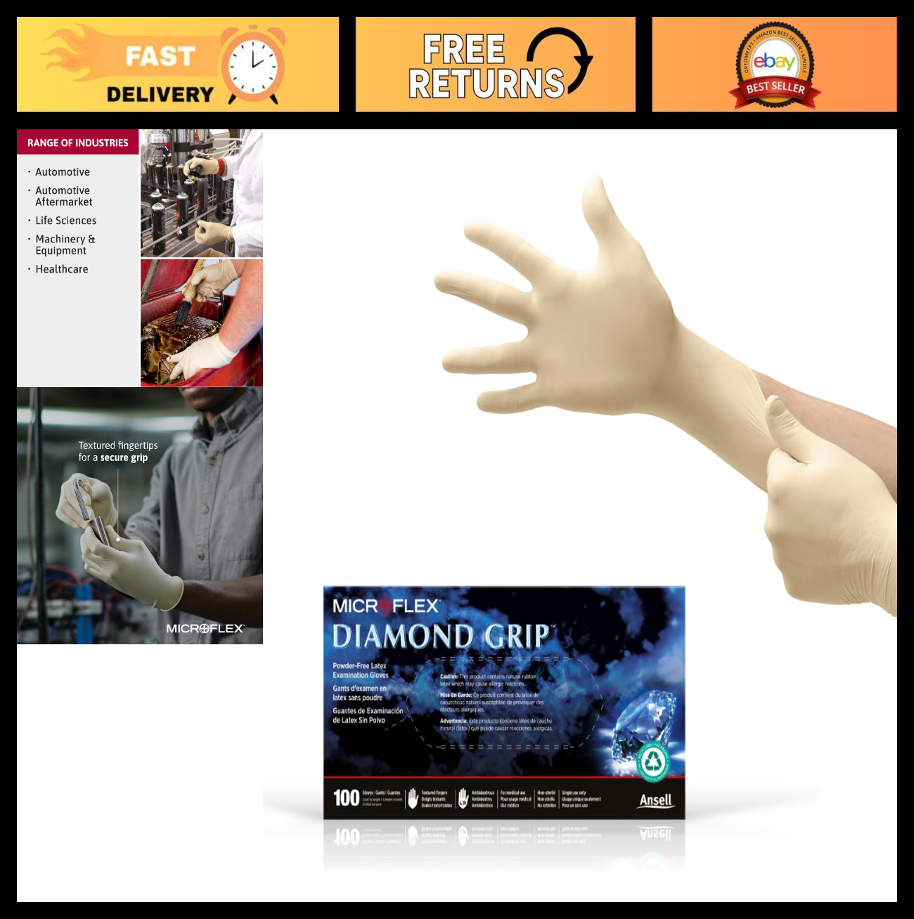 Disposable Latex Gloves – Large, Diamond Grip, 100 Pack for Automotive & Healthc