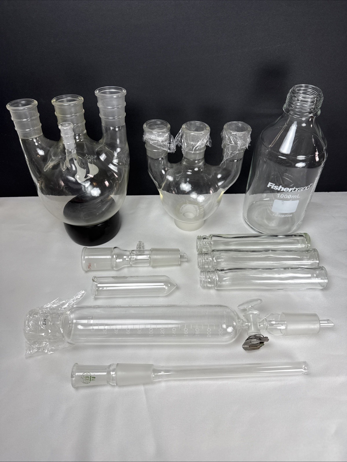 Lot Lab Glass: Cylindrical Dropping Funnel, 3 Neck, 3 Neck W Thermometer Jt & +