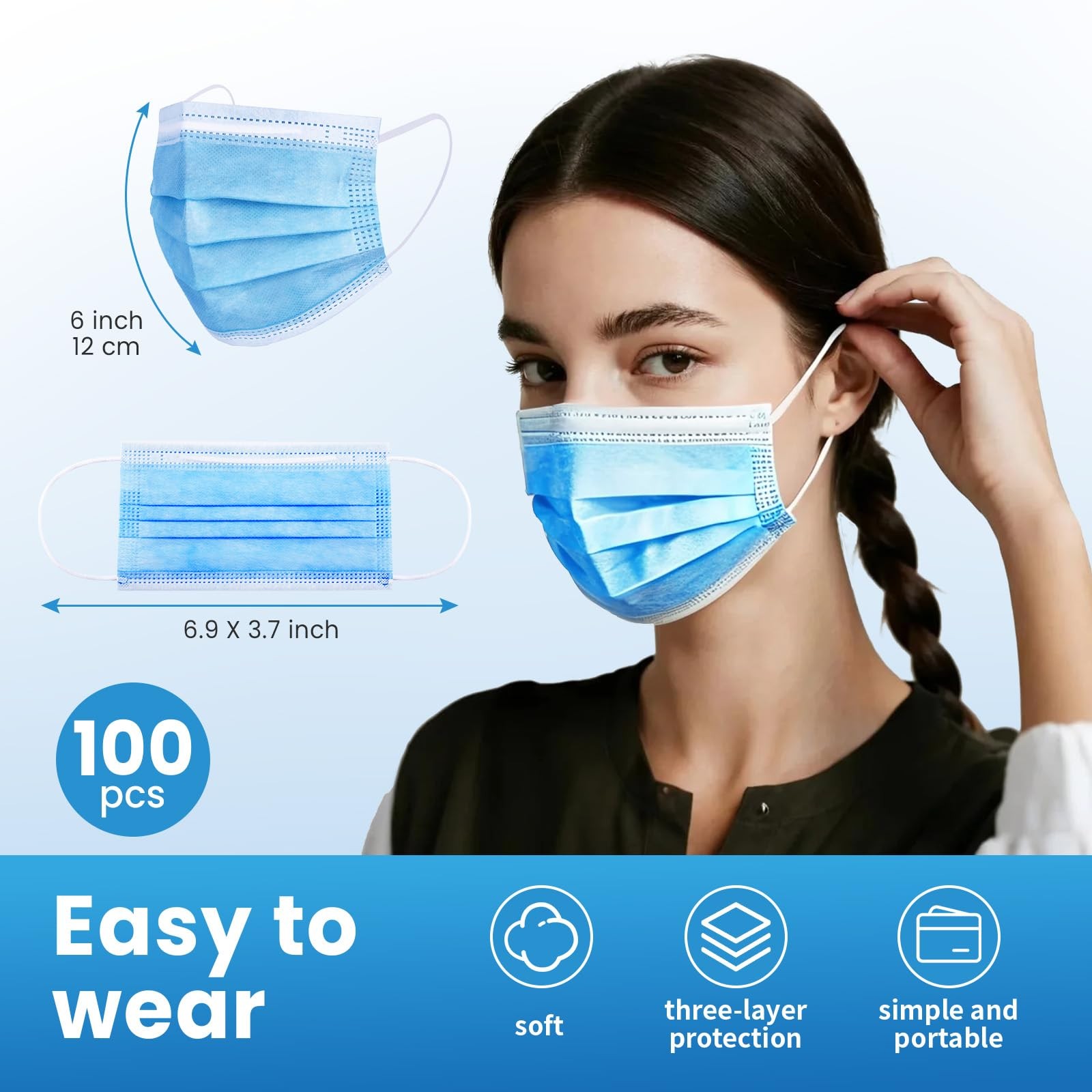 Borje Blue Disposable Face Mask 100 Pcs 100 Count (Pack of 1),