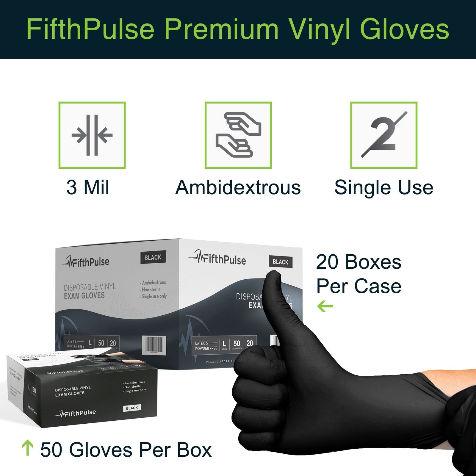 FifthPulse Black Vinyl Disposable Gloves Medium (Pack of 50), (Medium)