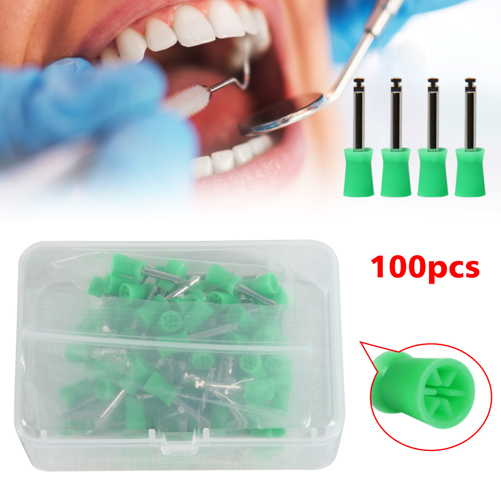 100 Pcs Dental Rubber Prophy Teeth Polish Polishing Cups Latch Brushes Green Kit