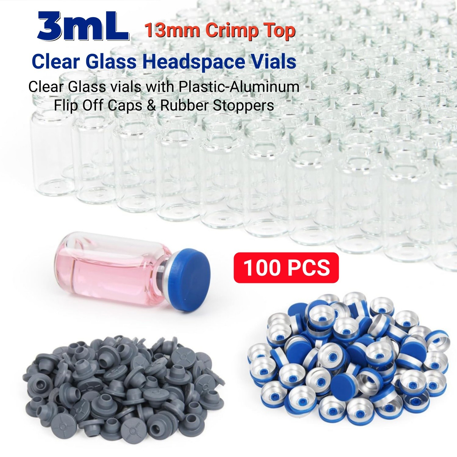 100x 3ml Glass Vials Headspace Vials Clear Lab Vials w/ Caps 13mm Crimp Top USA