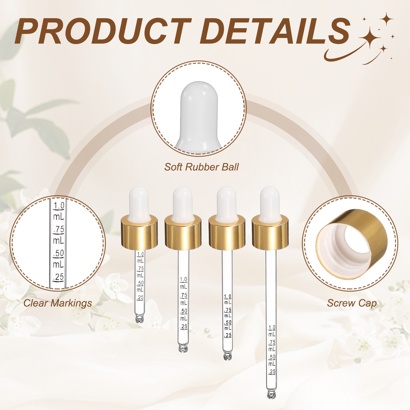 Glass Eye Dropper with Measurement 10Pcs Droppers for 30ml White/Gold Top
