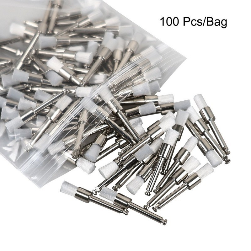 100pcs Dental Nylon Prophylaxis Polishing Brushes Flat Type RA Latch White Color