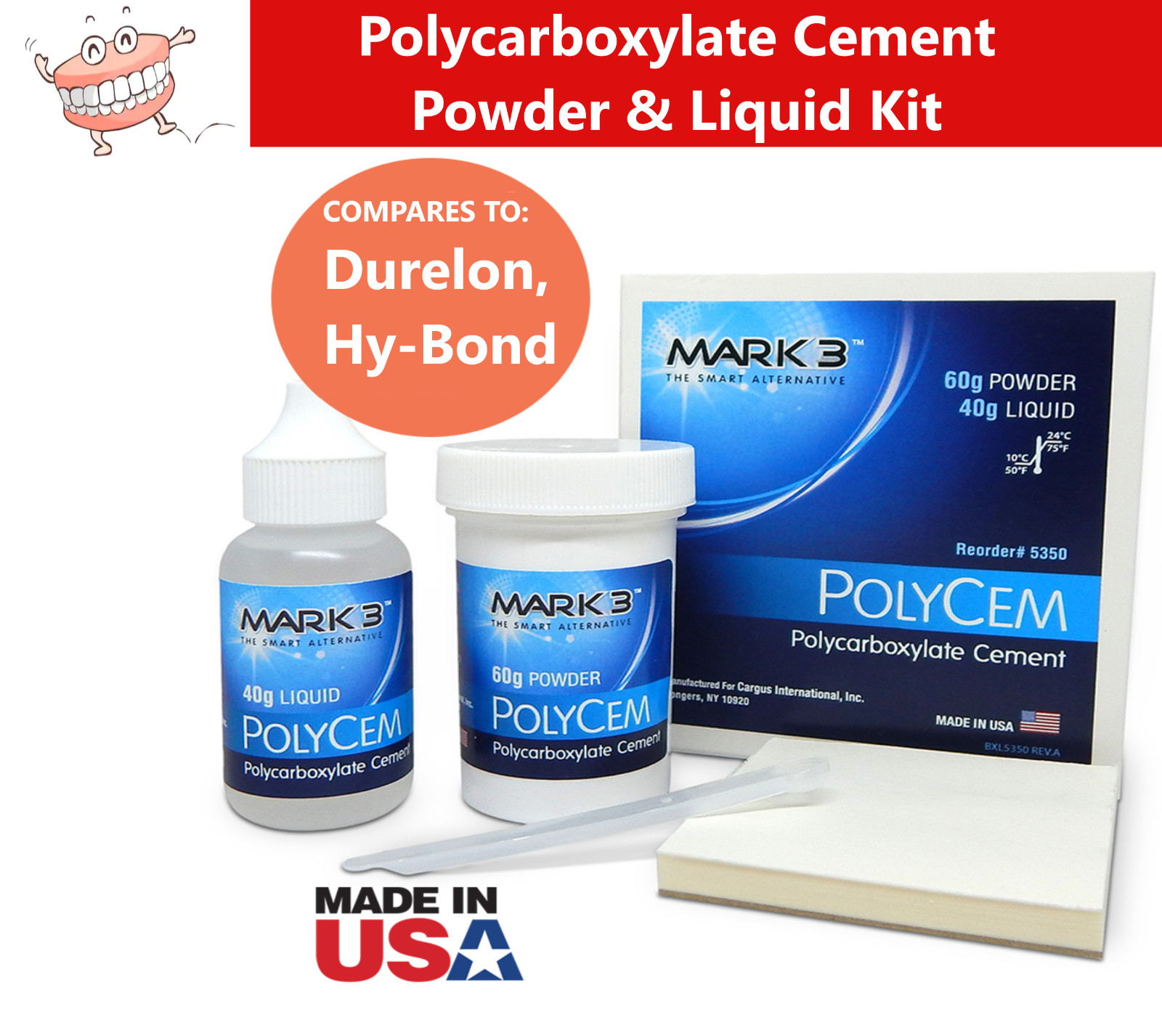 Durelon Type PolyCem Dental Cement 1x 60g Powder & 1x 40 mL Liquid Kit, Mix Pad