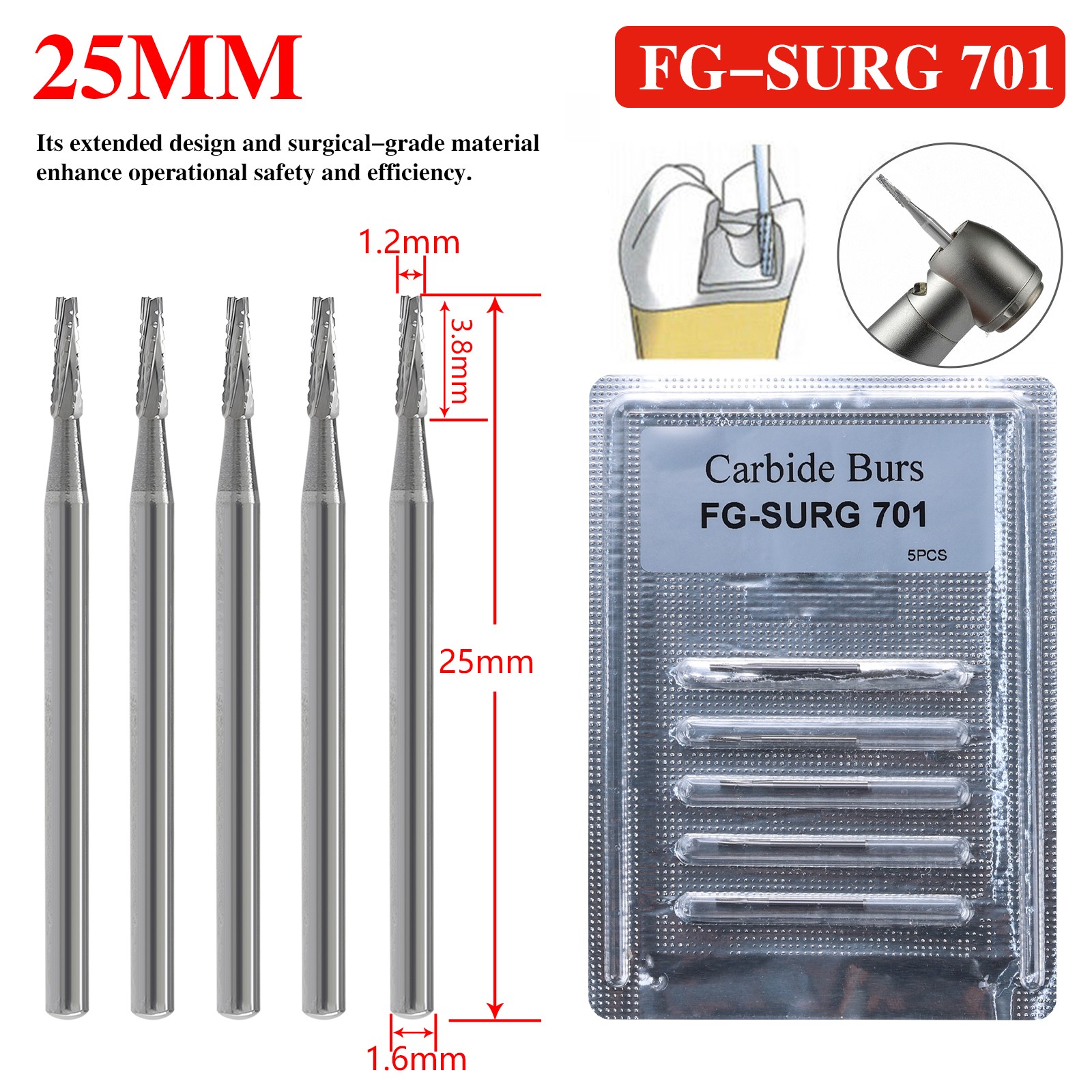 5-100pc Dental Long Shank Surgical Bur FG 701 25mm Tungsten Carbide Midwest FGOS