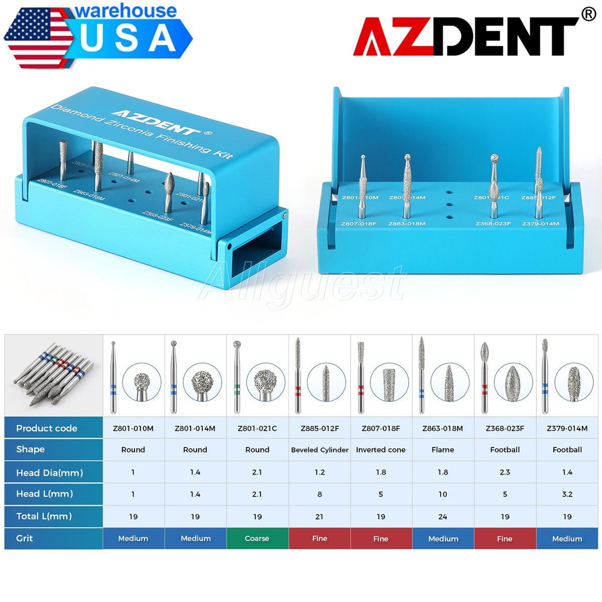 Dental Zirconia Polishing Finishing Diamond Burs Kit for High Speed Handpiece US