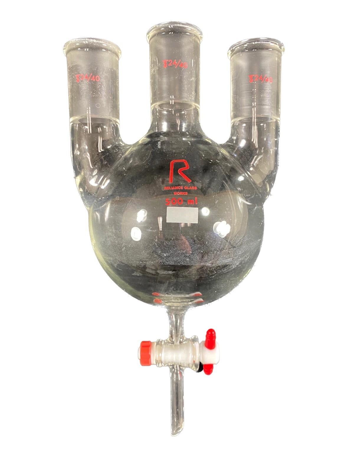 RELIANCE GLASS WORKS 500mL 24/40 Vertical 3-Neck Round Bottom Flask w/ Drain