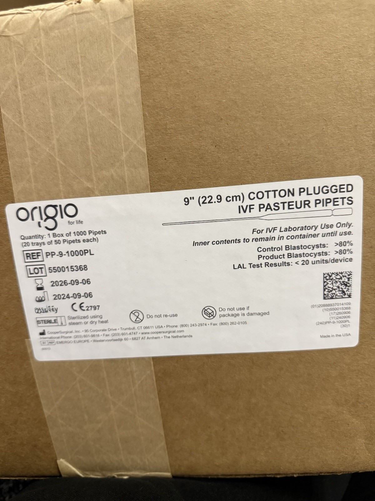 Origio IVF Pasteur Pipets 9” Cotton Plugged Sterile 1000/Box PP-9-1000PL