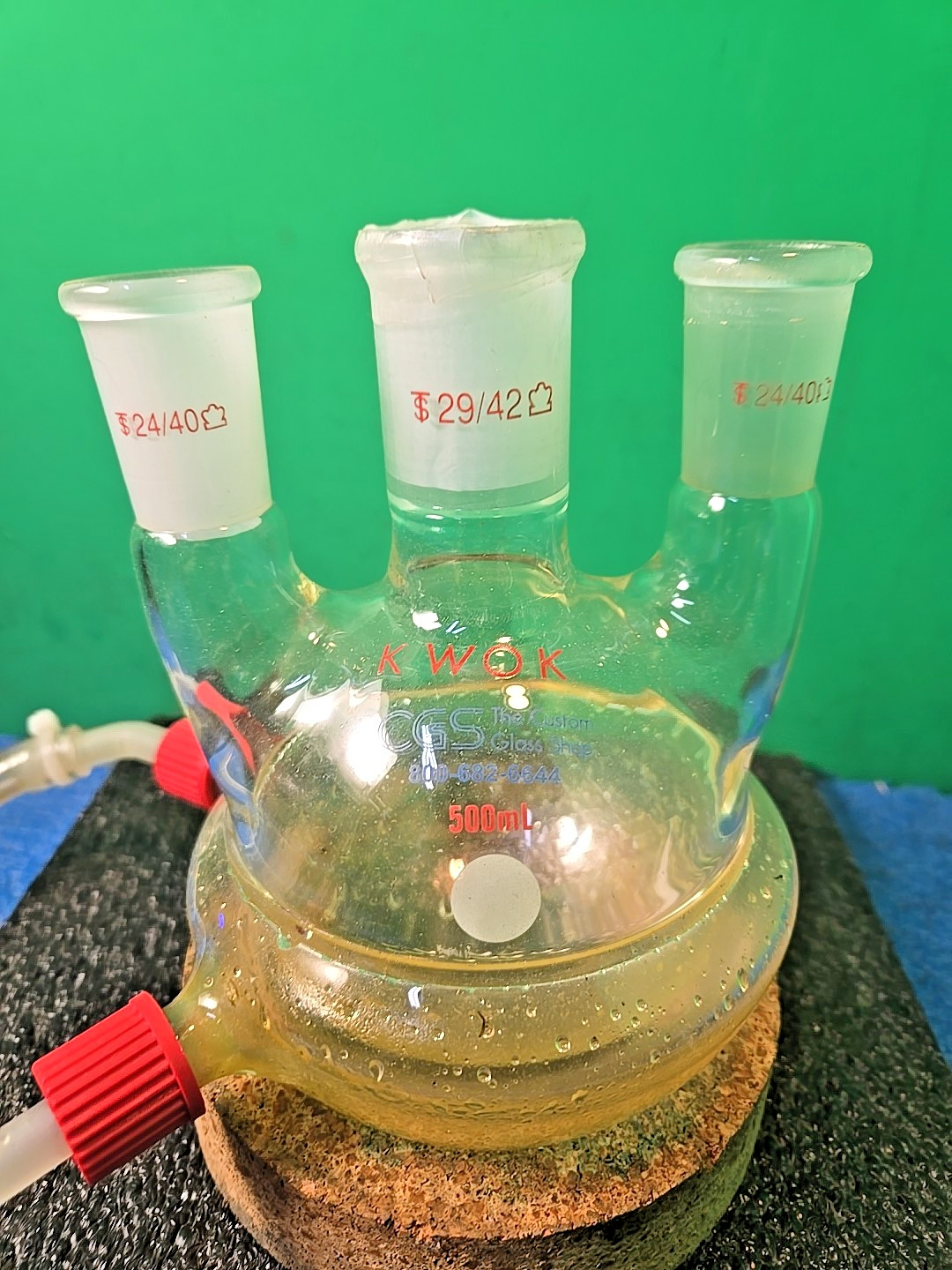 Kimble 500mL 3-Neck Half Jacketed HW Round Bottom Flask 29/42, 24/40,TESTED Good