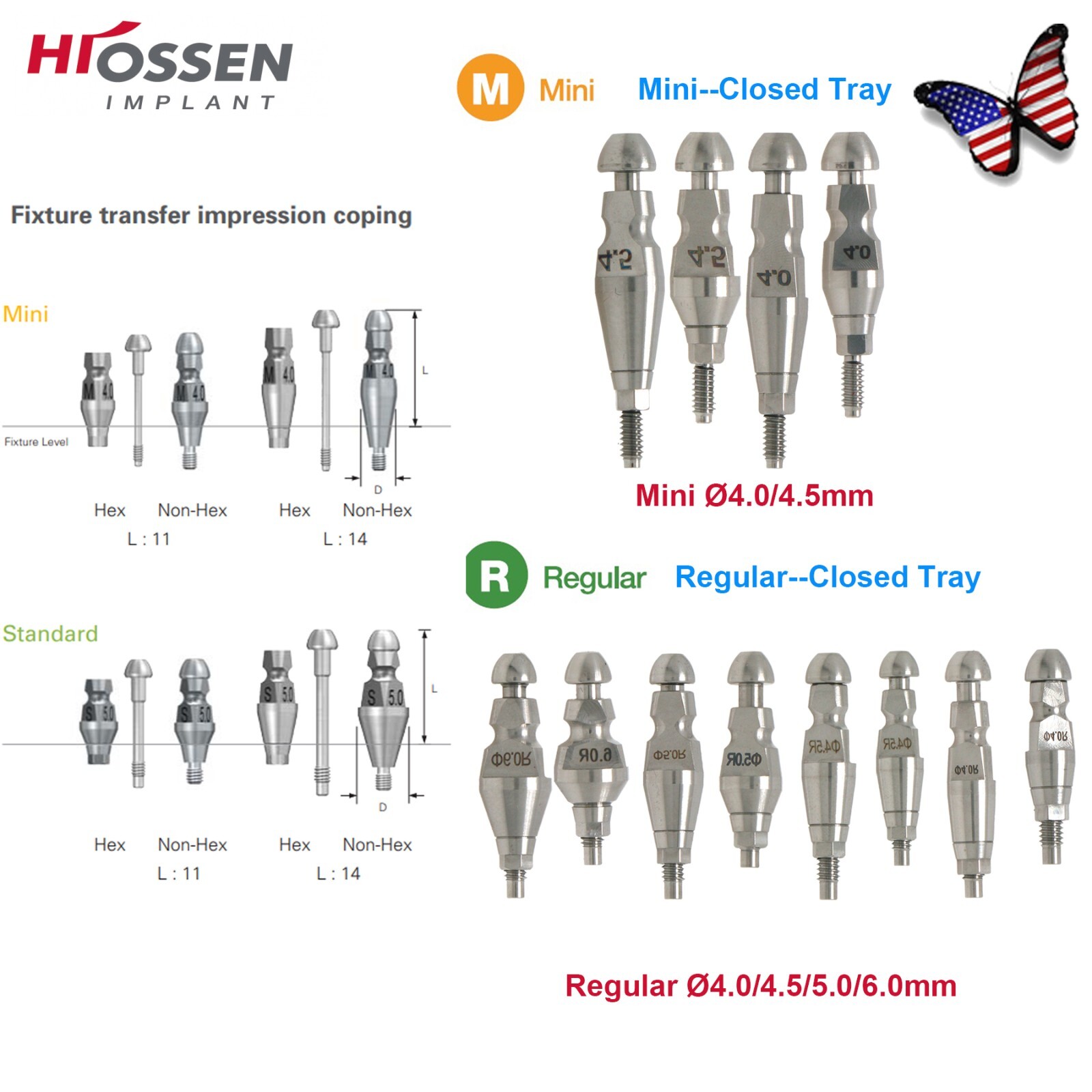 US ET lmplant lmpression Coping Analog Regular Mini Open Closed Tray Fit Hiossen