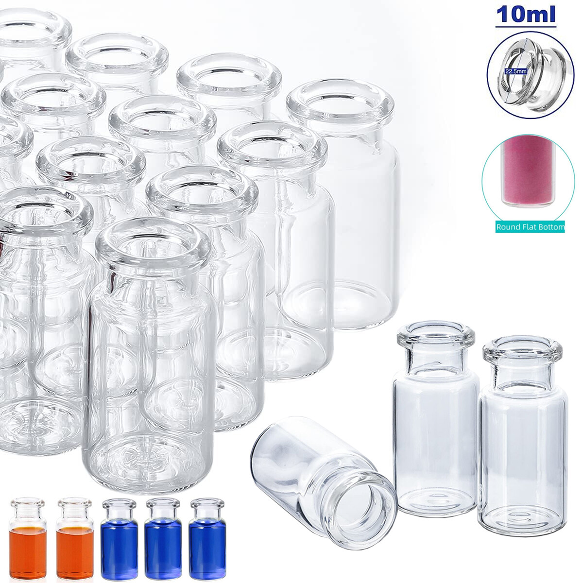 100pcs 10mL Clear Headspace Vial 20mm Crimp Top Glass Bottle Flat Bottom