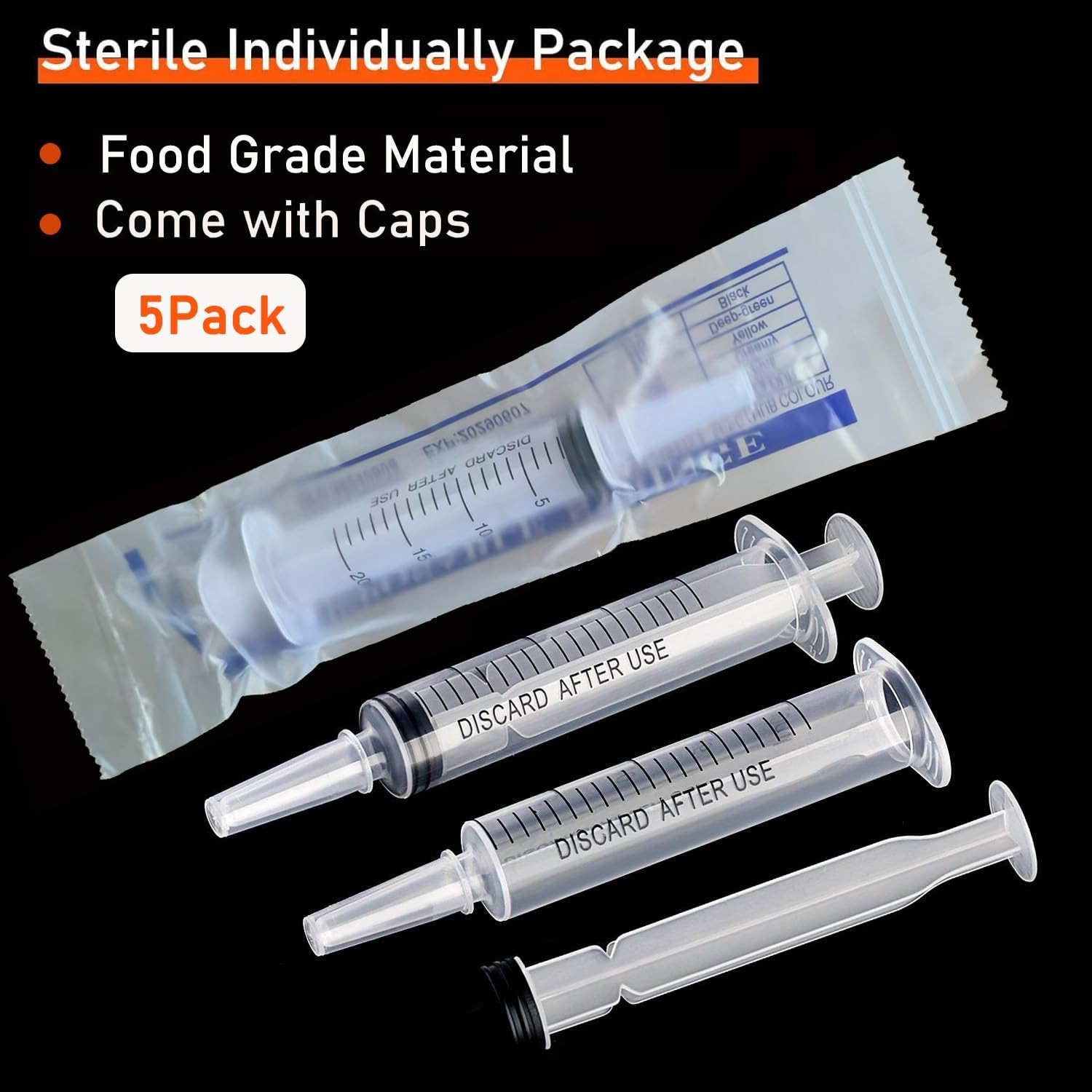 5Pack 20ml Plastic Syringe with caps for Liquid white