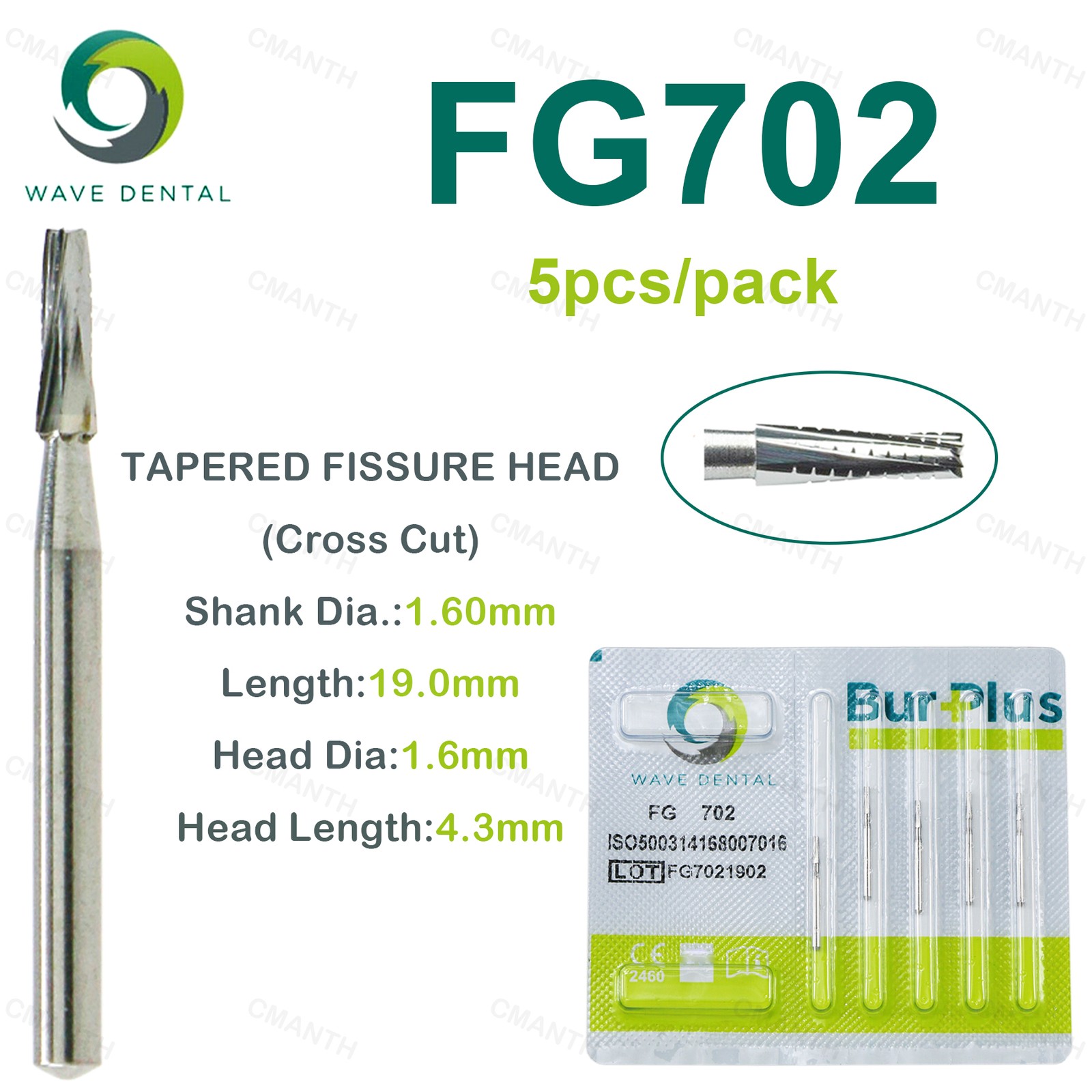 WAVE Dental Tapered Fissure Cross Cut Bur Tungsten Carbide FG Dia.1.6mm For High