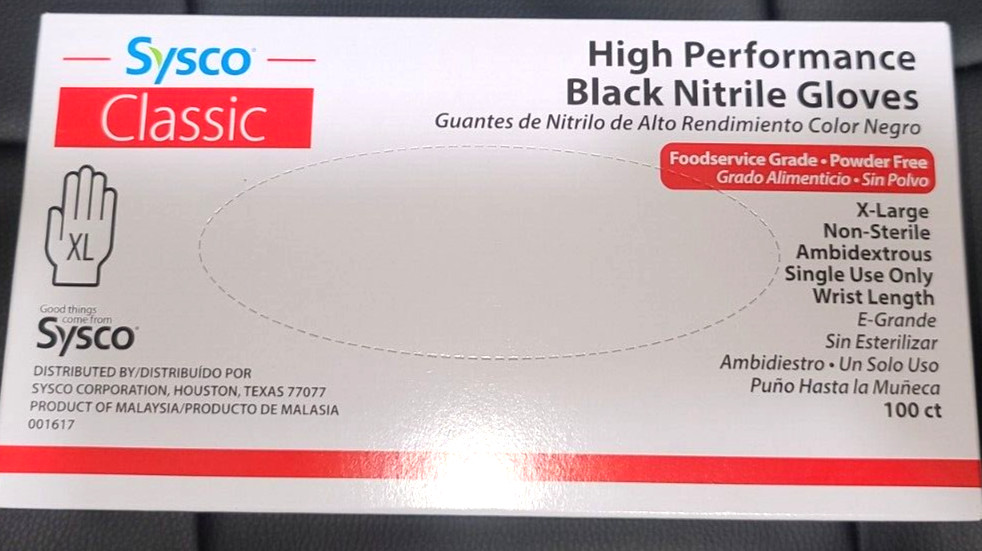 SYSCO HIGH PERFORMANCE NITRILE (Size XLarge) BLack GLOVES 1 /100 CT POWDER FREE