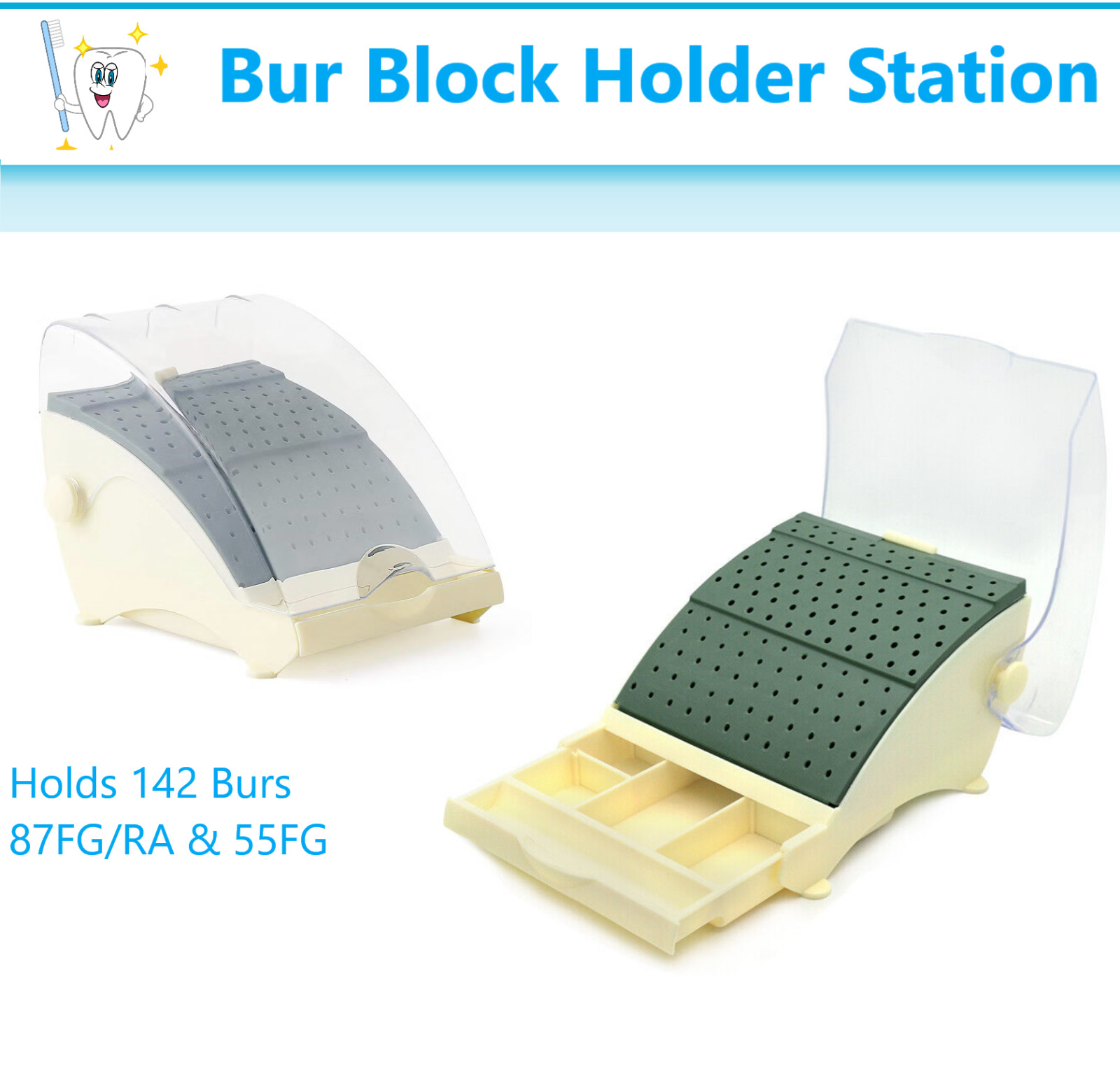 Dental Bur Block Organizer with Drawe, Holds 142 Burs 87FG/RA 55, Clear Cover