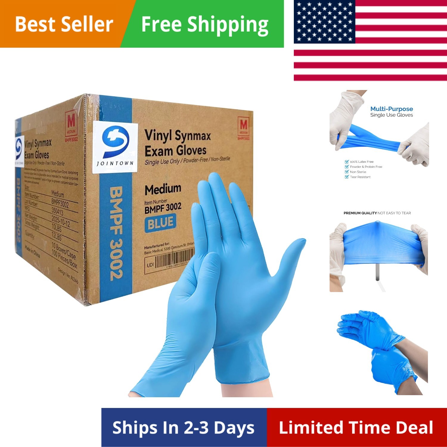 Basic Vinyl Exam Gloves, Latex-Free, Powder-Free, Disposable, Medium, Case of…