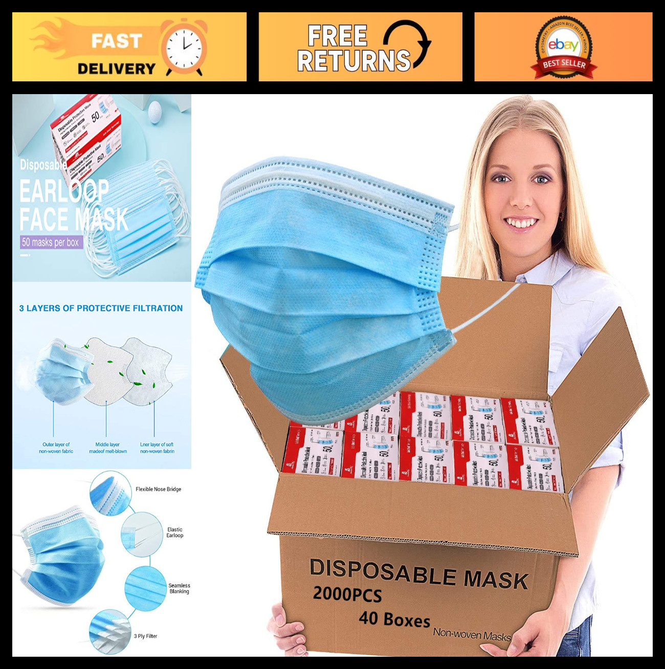 2000 PCS Blue Face Masks – 3-Layer Non-Woven, Breathable, Adjustable Earloop, Bu