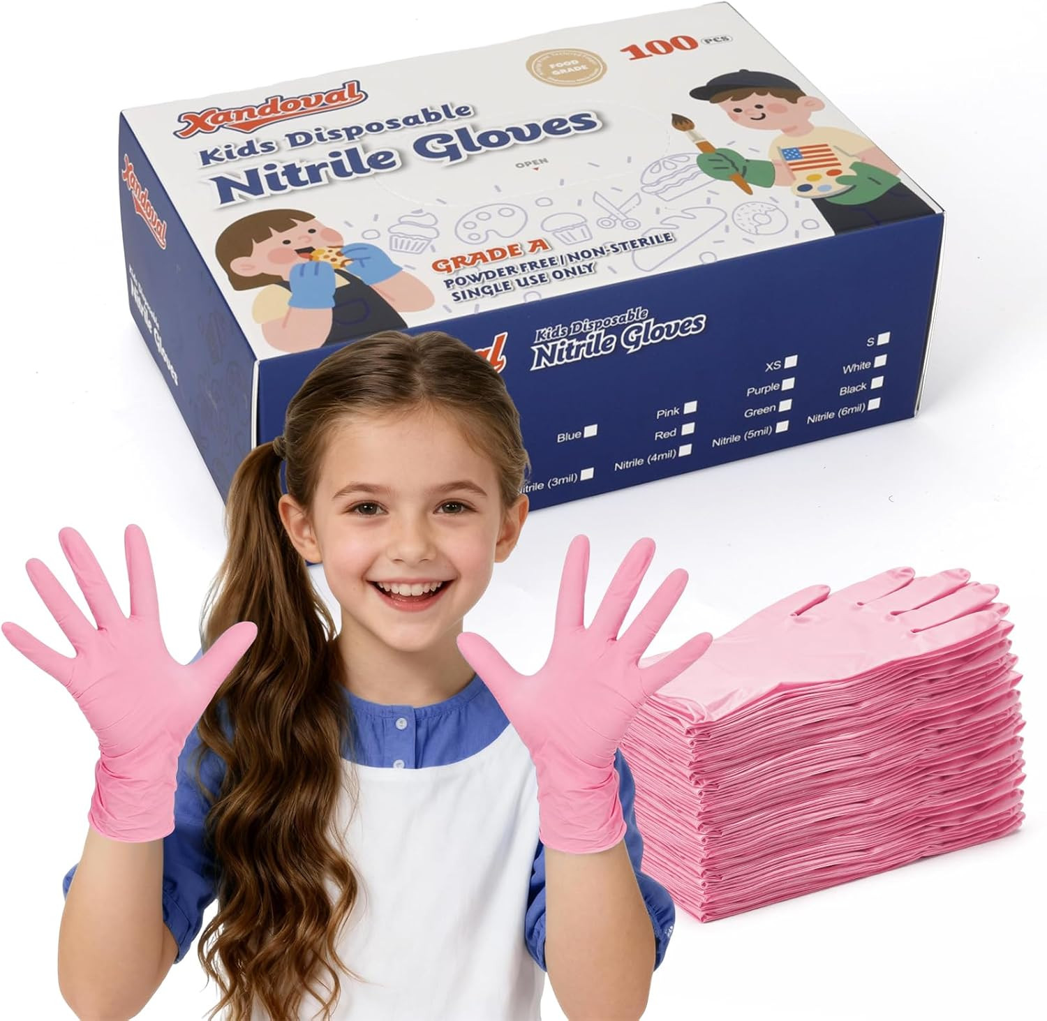 Kids Nitrile Gloves for 6-10 Years, 5Mil Pink Disposable Gloves for Work, Cleani