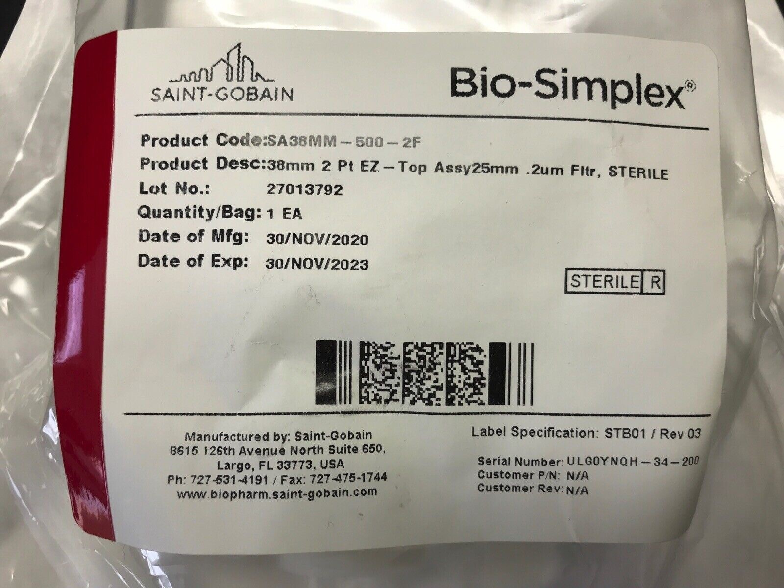 BIO-SIMPLEX 500mL PETG Media Bottle Assembly Sterile C-Flex SA38MM-500-2F-DB