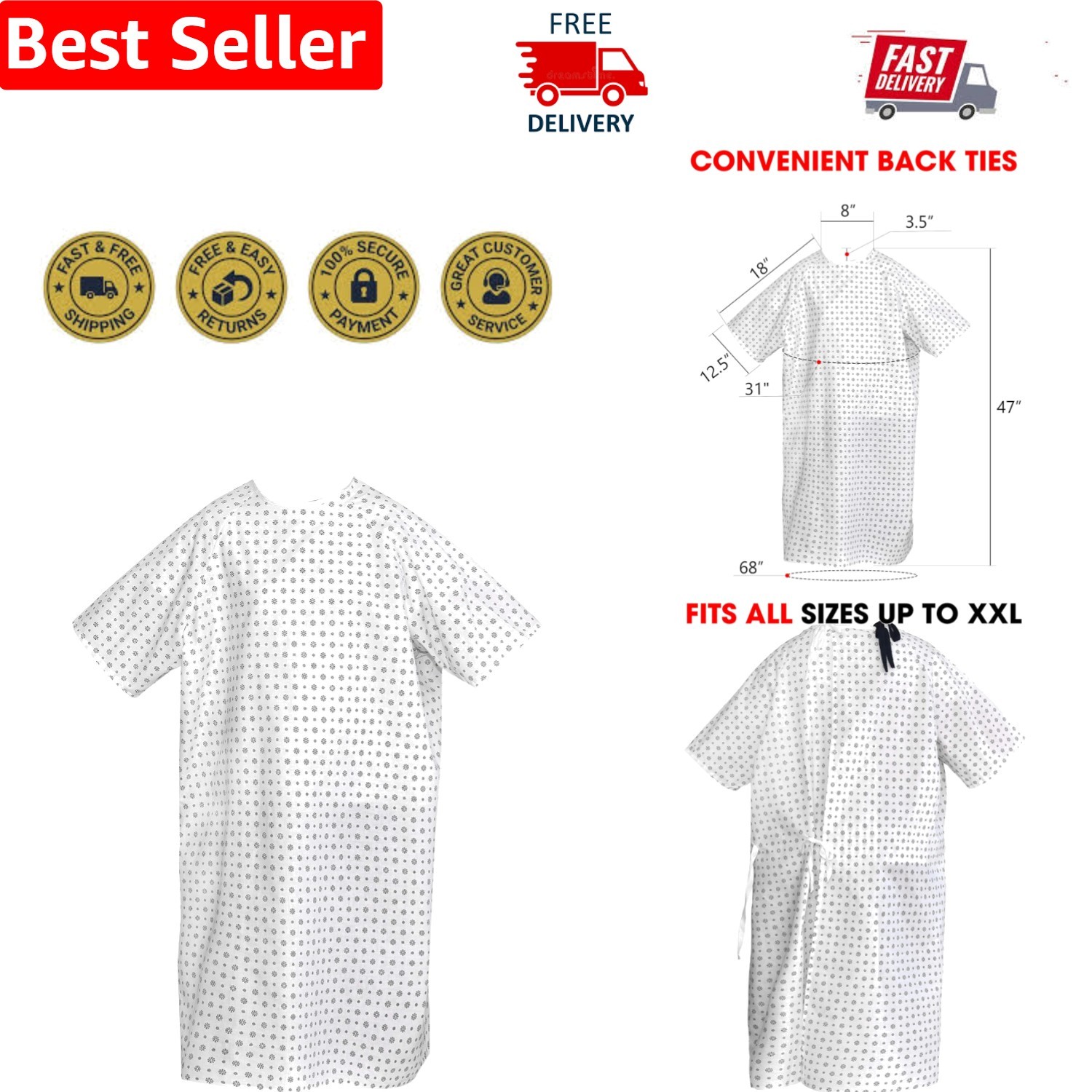 Versatile Snowflake Patient Gown – Unisex, Comfortable and Washable, Up to XXL