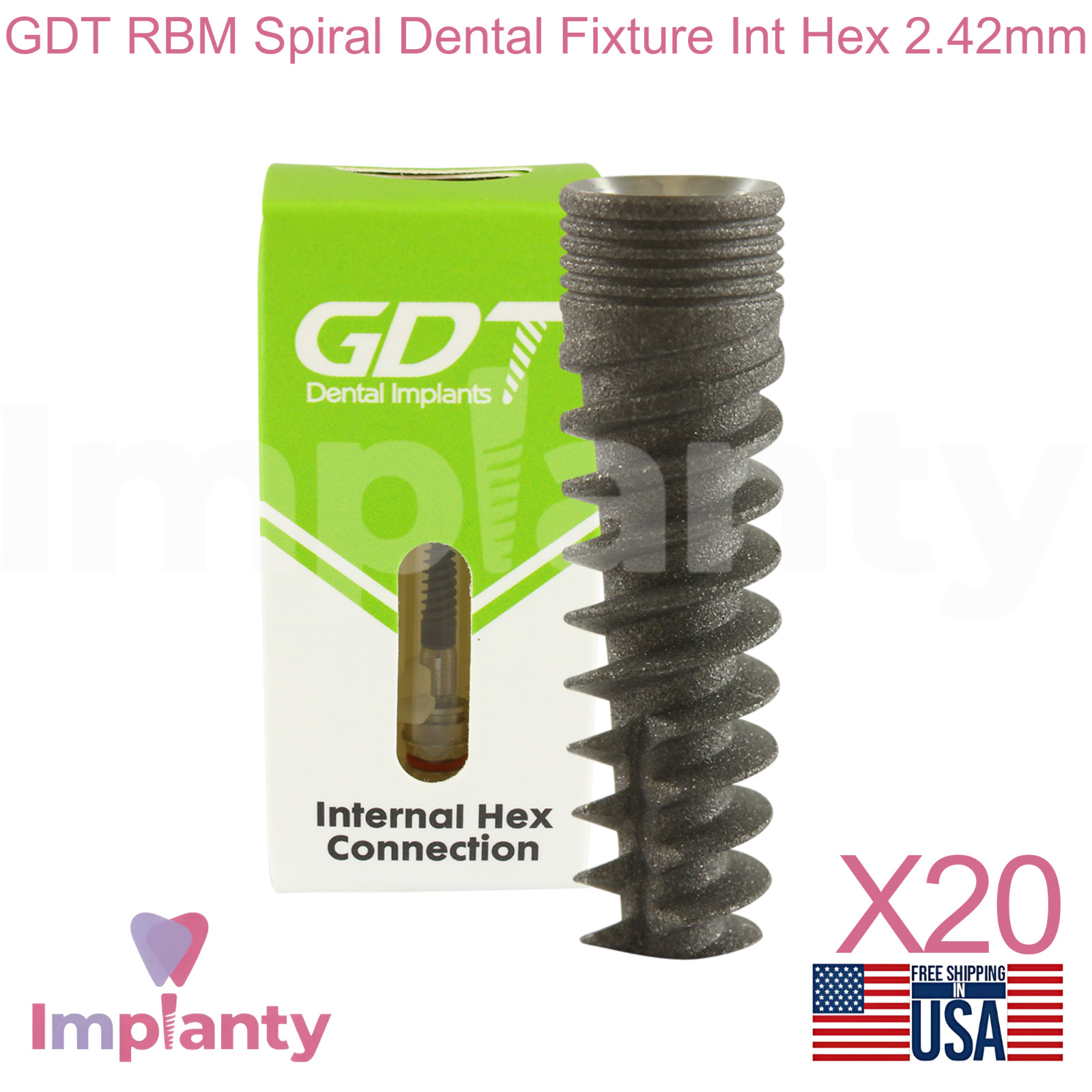 20x GDT RBM Spiral Dental Fixture Int Hex Hex 2.42mm Slim Platform 2.0mm Sterile