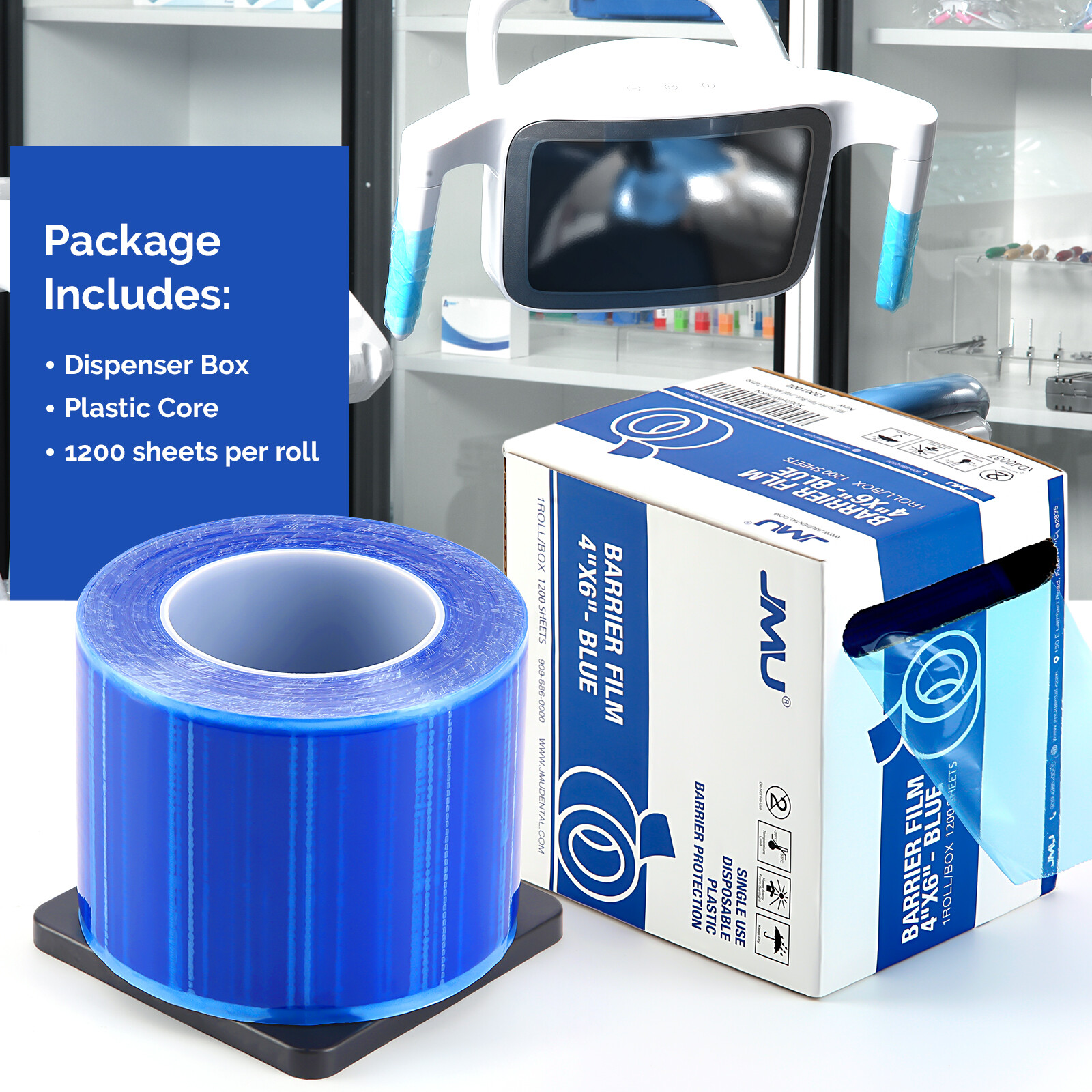 JMU Dental Barrier Film Roll Tape Adhesive 1200 Sheets Size 4″ x 6″ Blue