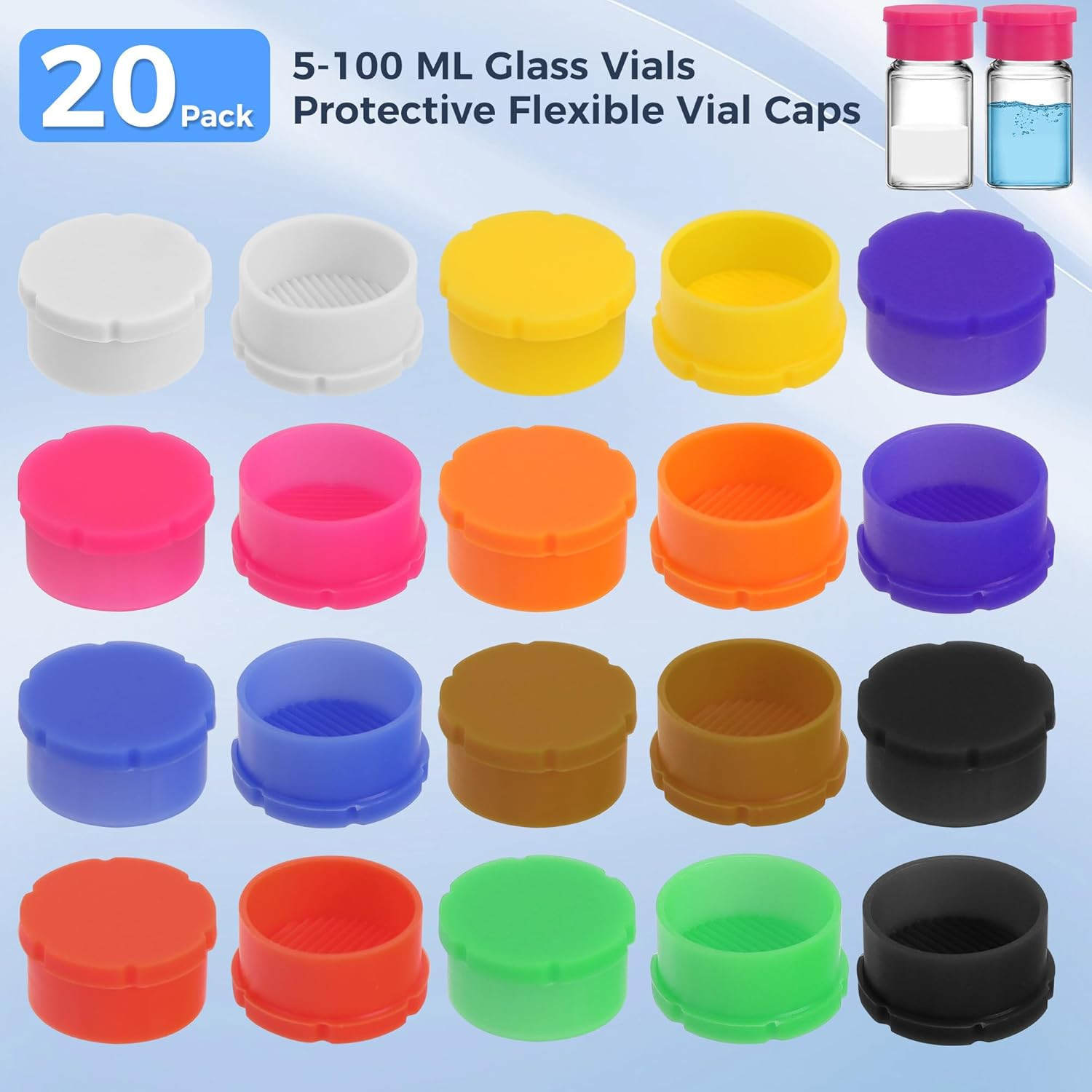 20 Pack 5-100Ml Glass Vials Protective Vial Caps, Leak-Proof Dust-Resistant Lids
