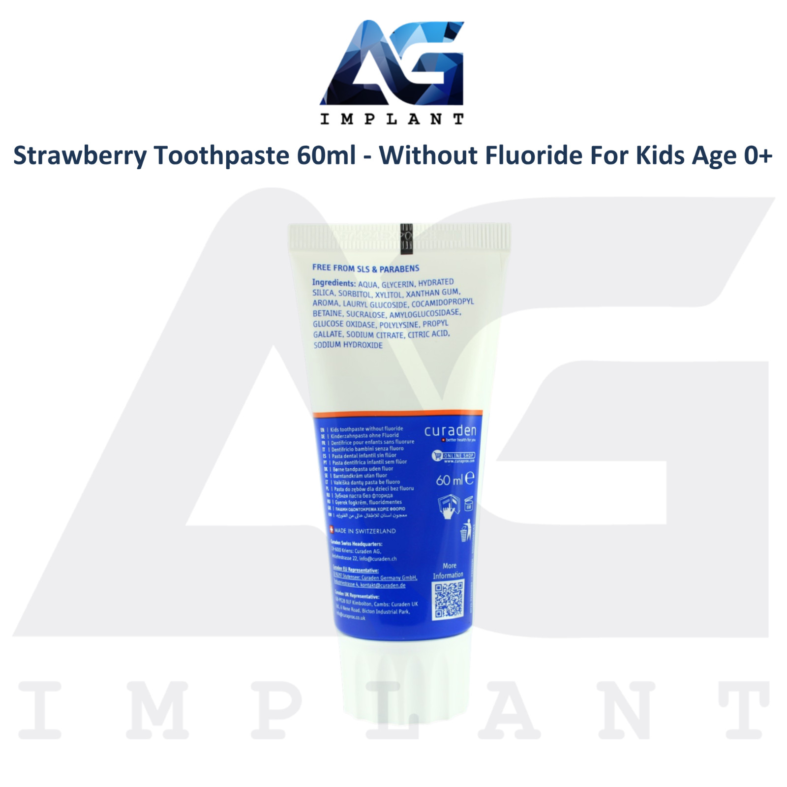 Fluoride Free Strawberry Toothpaste 60ml for Kids Age 0+ Daily Oral Care