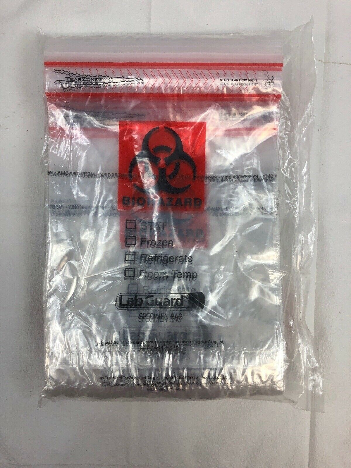 BioHazard Specimen Bag w/Tear Zone Zip Seal 9 x 12-Lab Guard 100 Count-LOT OF 3