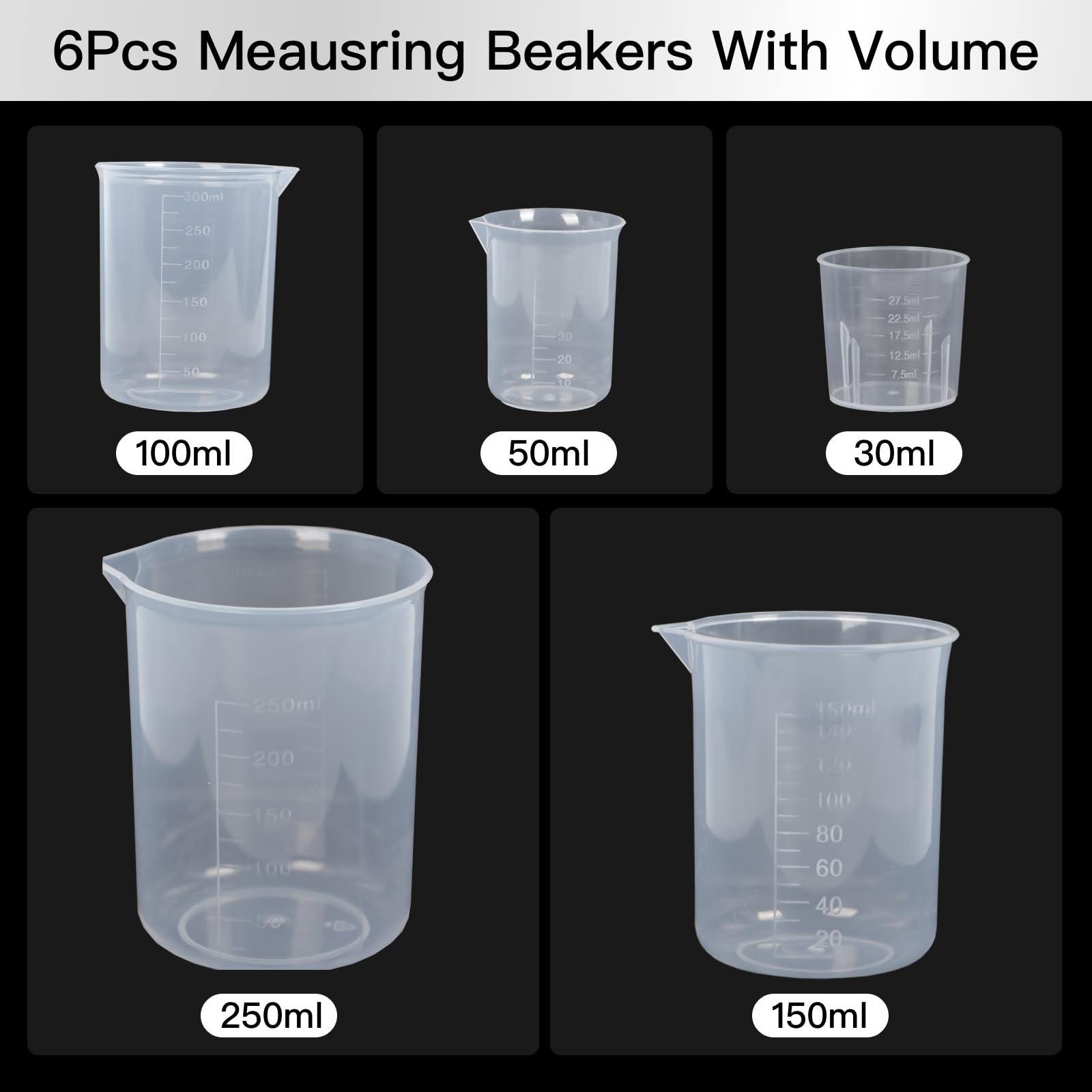 5 Pack Plastic Measuring 30 ml, 50 100 150 300 Transparent