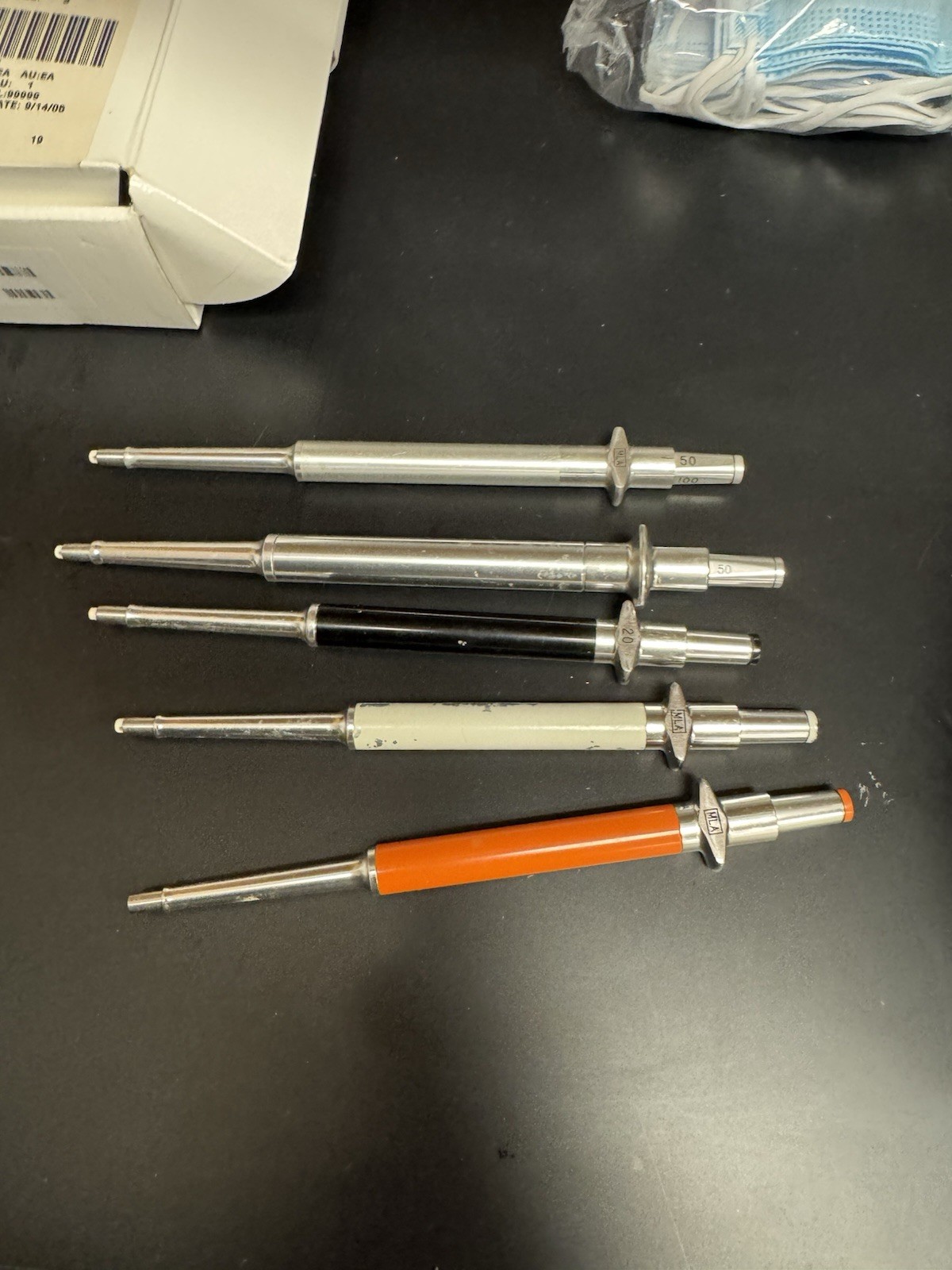 MLA Micropipettes Set of 5 Metal 50, 100µL Assorted Colors Biological Laboratory