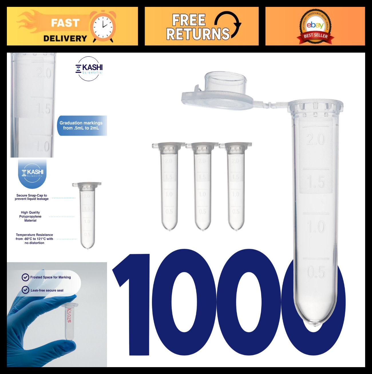 2mL Clear Snap Cap Microcentrifuge Tubes, Lab Grade Polypropylene, 1000 Pack