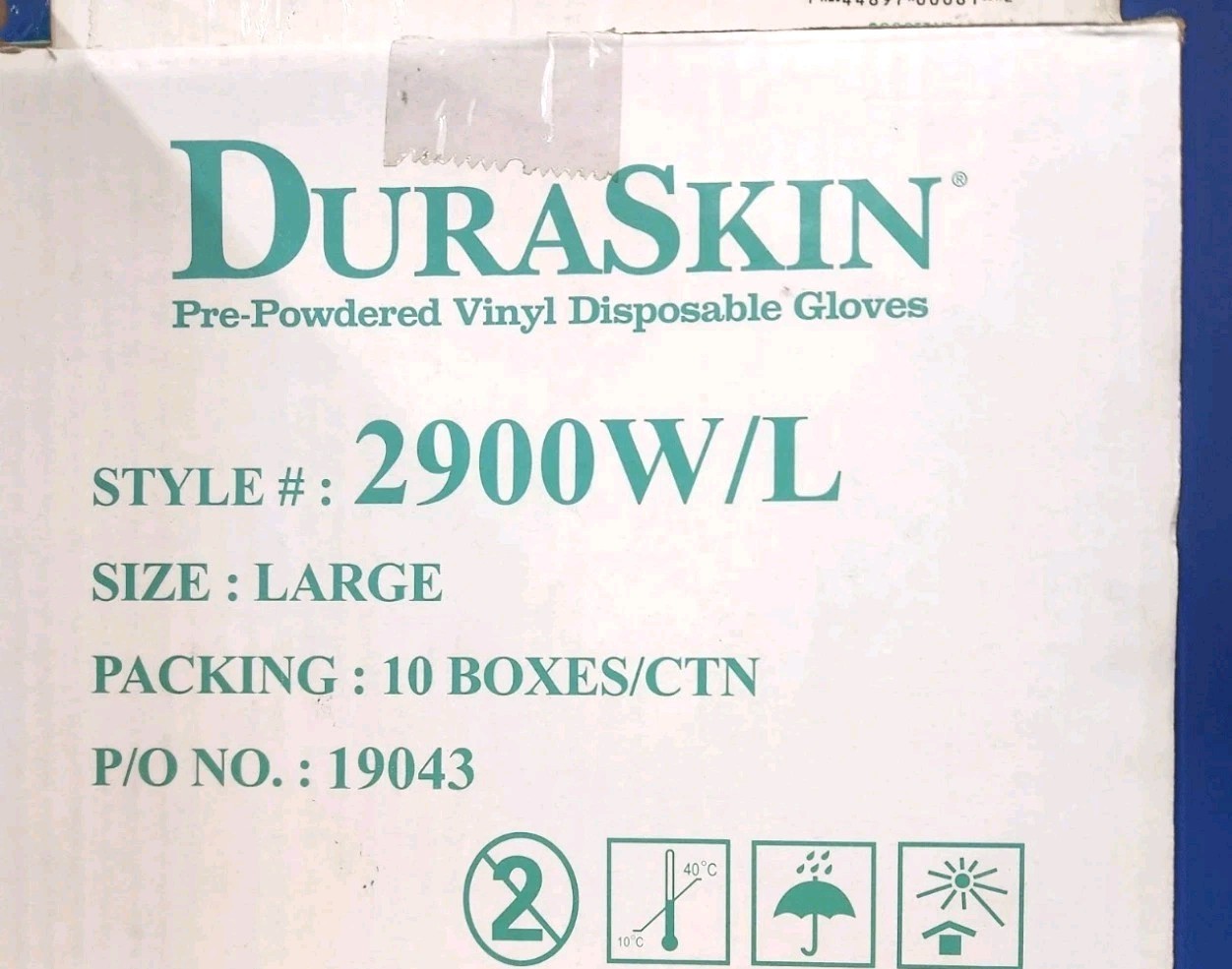 Duraskin Vinyl Exam Gloves Size LARGE 2900 WL- Case of 10 boxes Brand New!