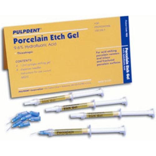 Pulpdent Porcelain Etch Gel 9.6% hydrofluoric, 4-1.2 ml Syringes& 8 pre-bent#PEG