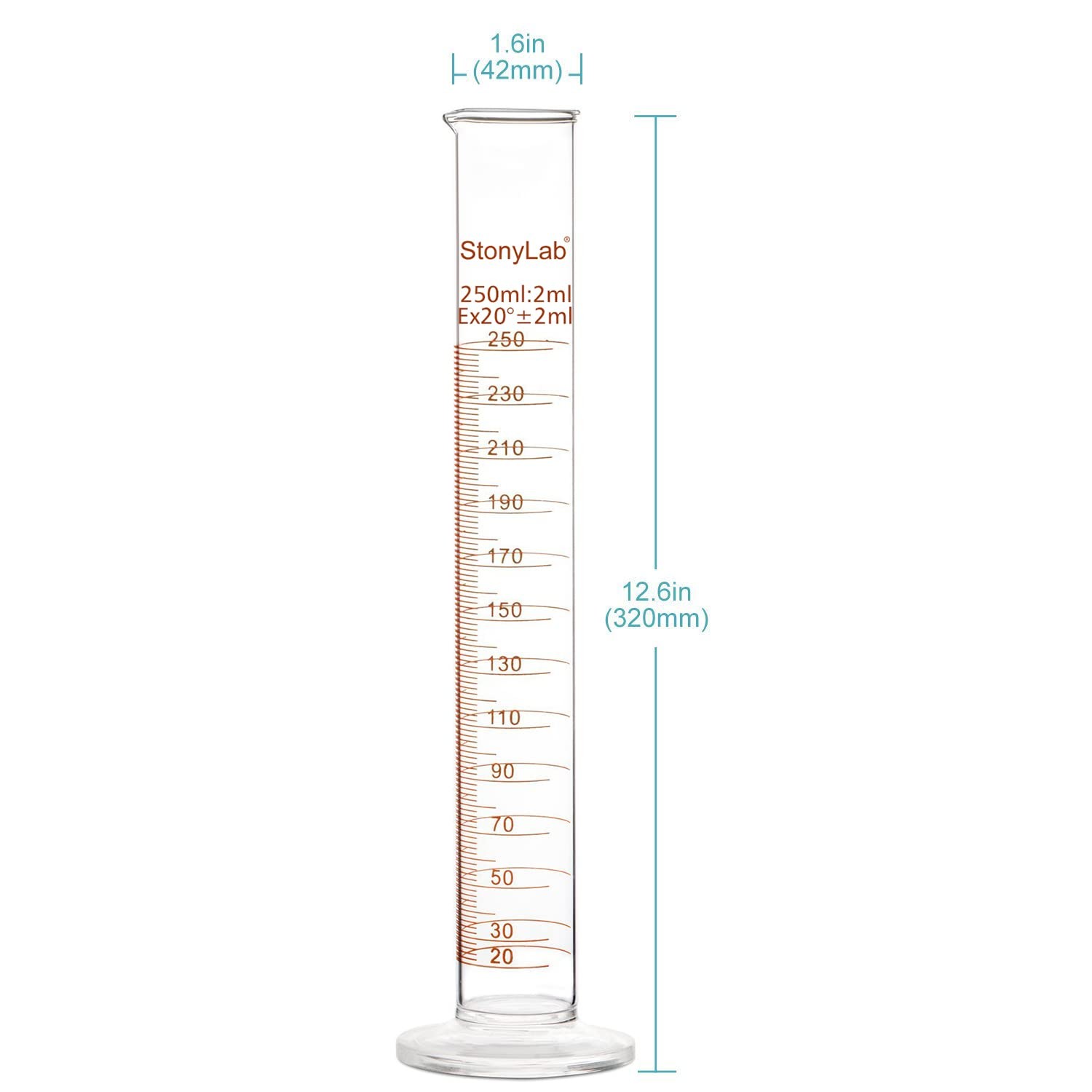 2-Pack 250ml Borosilicate Glass Graduated Cylinder Measuring Cylinder