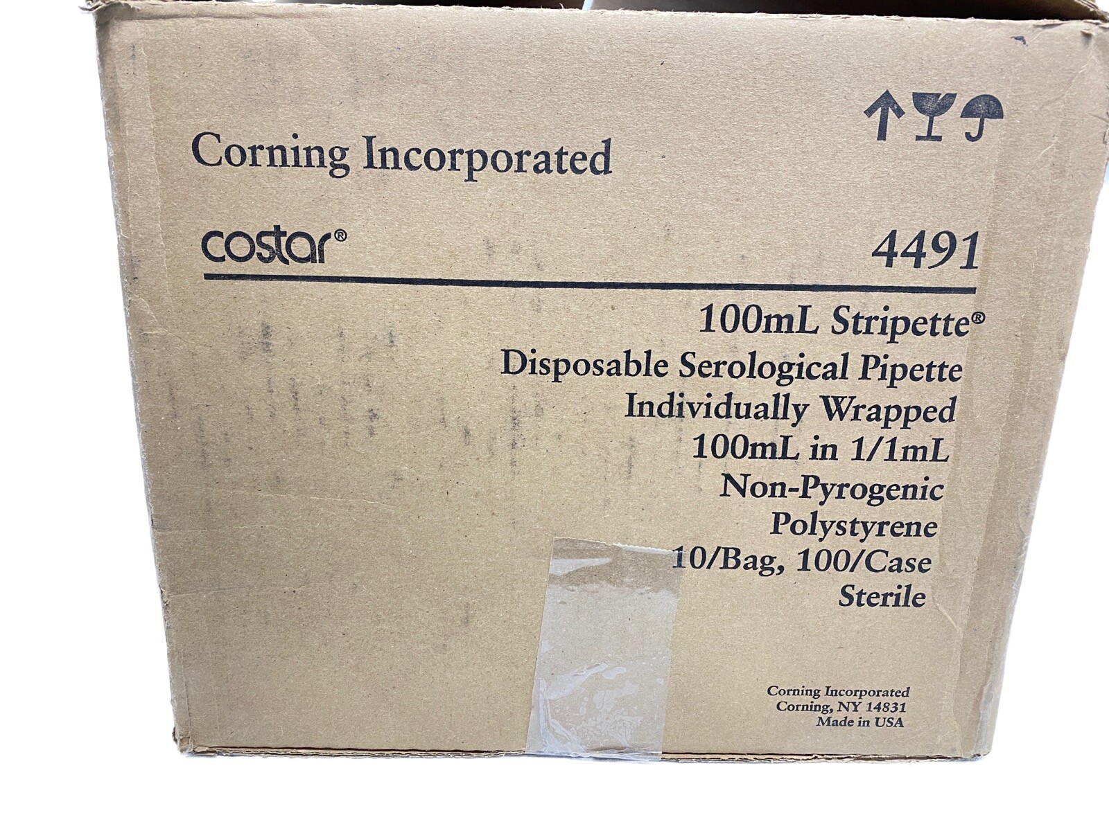(100/Cs) CORNING 100mL Polystyrene Stripette Serological Pipettes Aqua Plug 4491