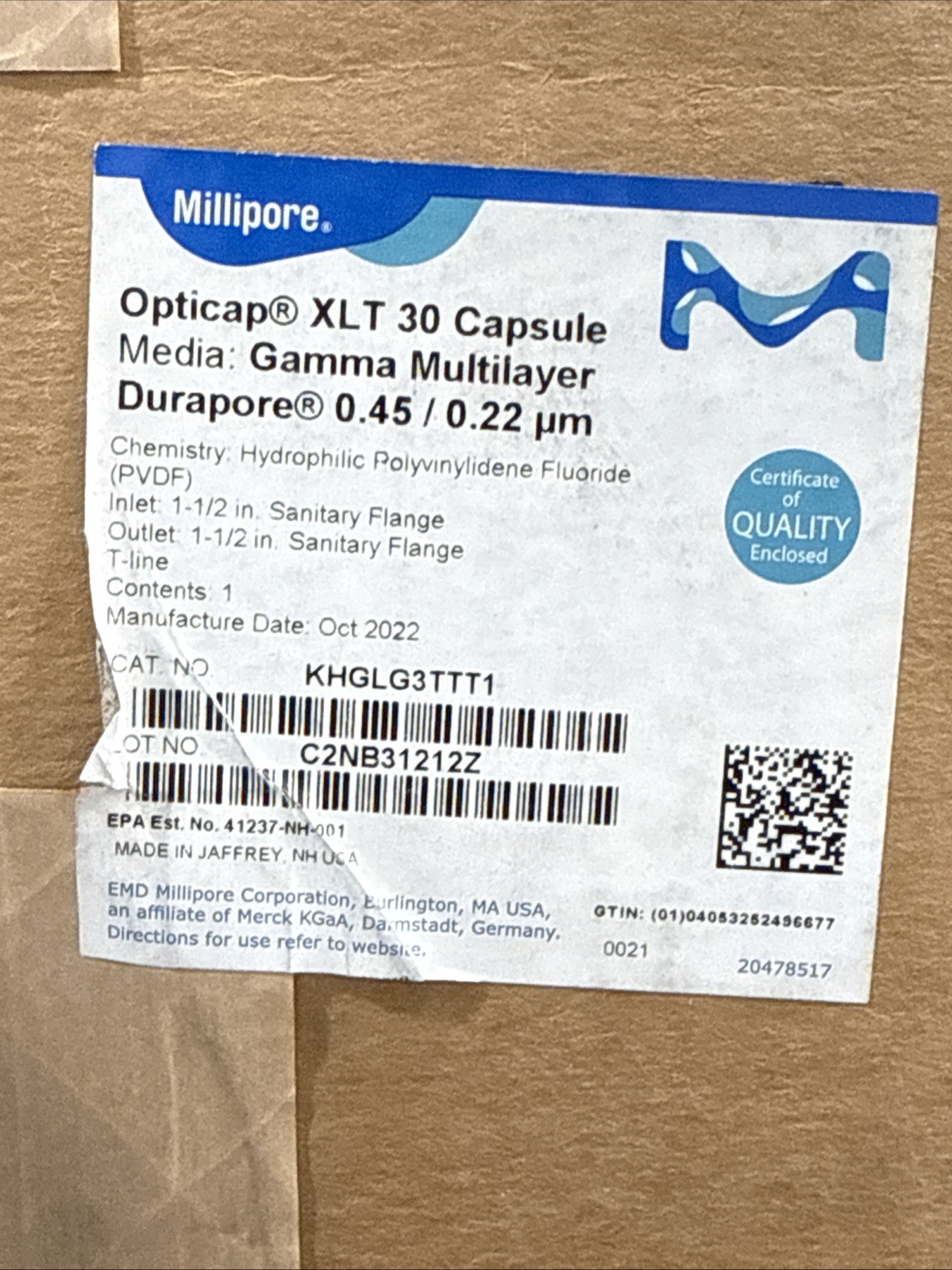 KHGLG3TTT1 Millipore Opticap XLT 30 Capsule Durapore 0.45/0.22 New