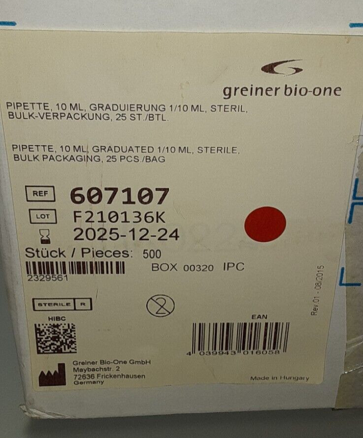 Greiner Bio-One 10ml Pipette, Sterile Case of (200) 607 107